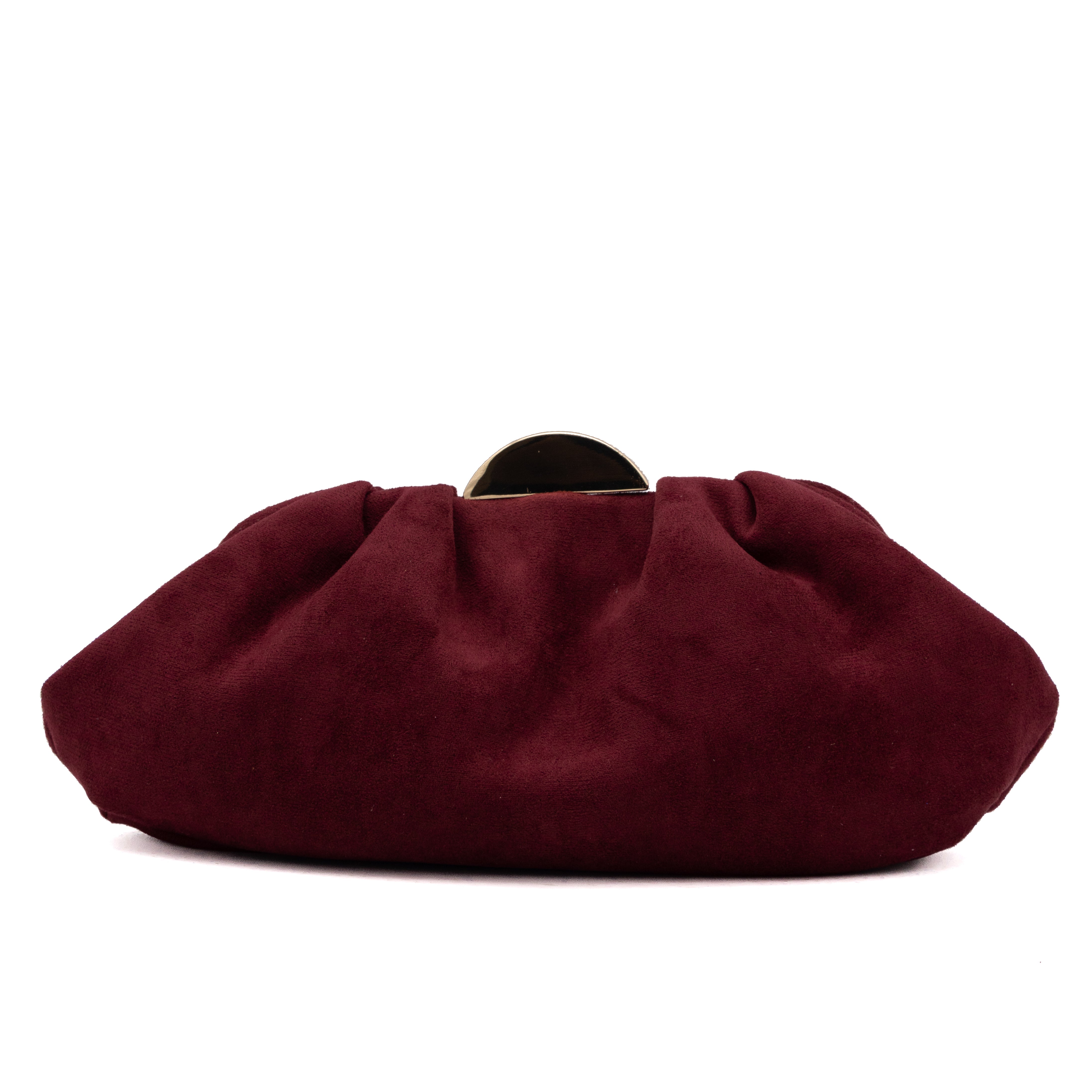 Bolso de fiesta tipo antelina granate con detalle de media luna metálica