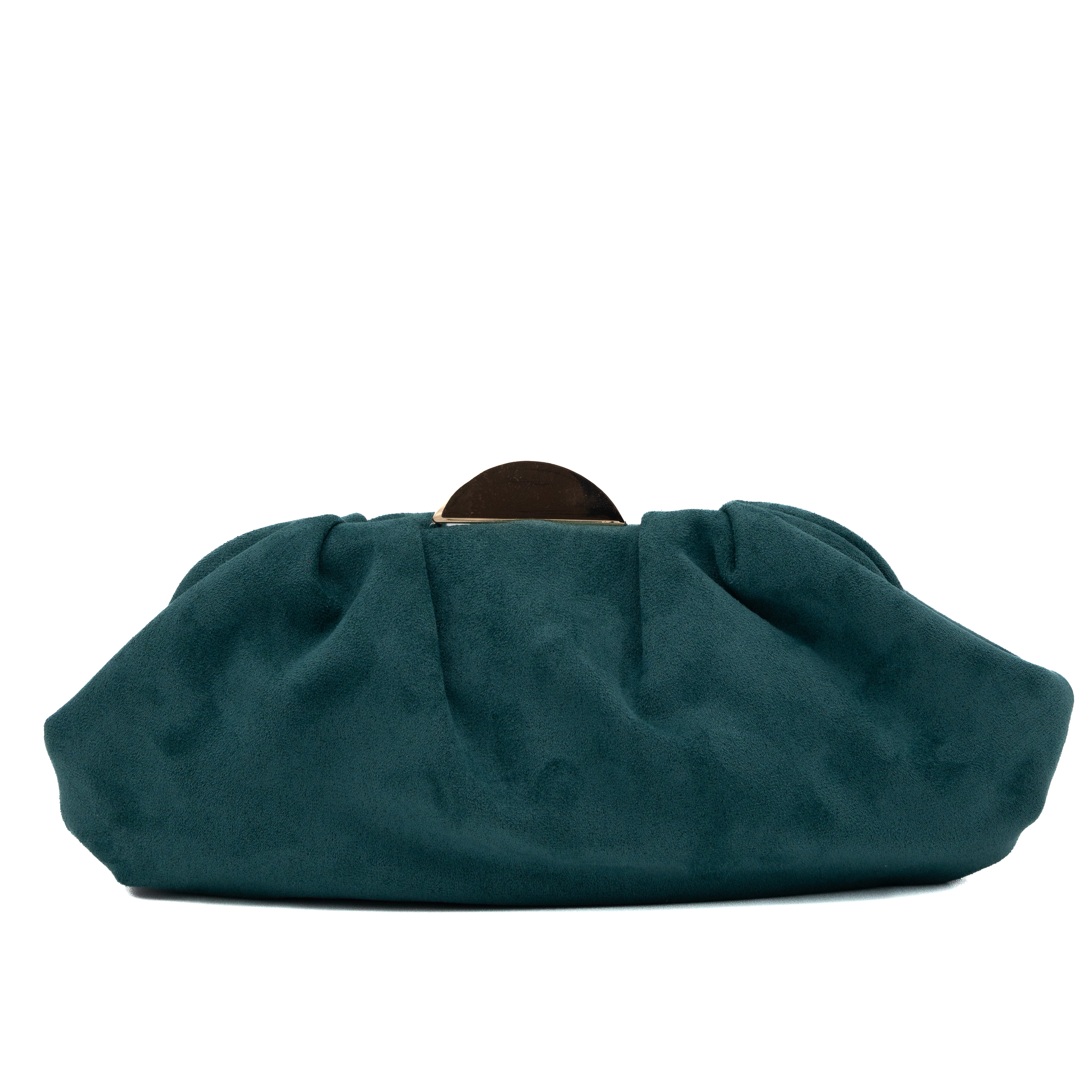 Bolso de fiesta tipo antelina teal con detalle de media luna metálica