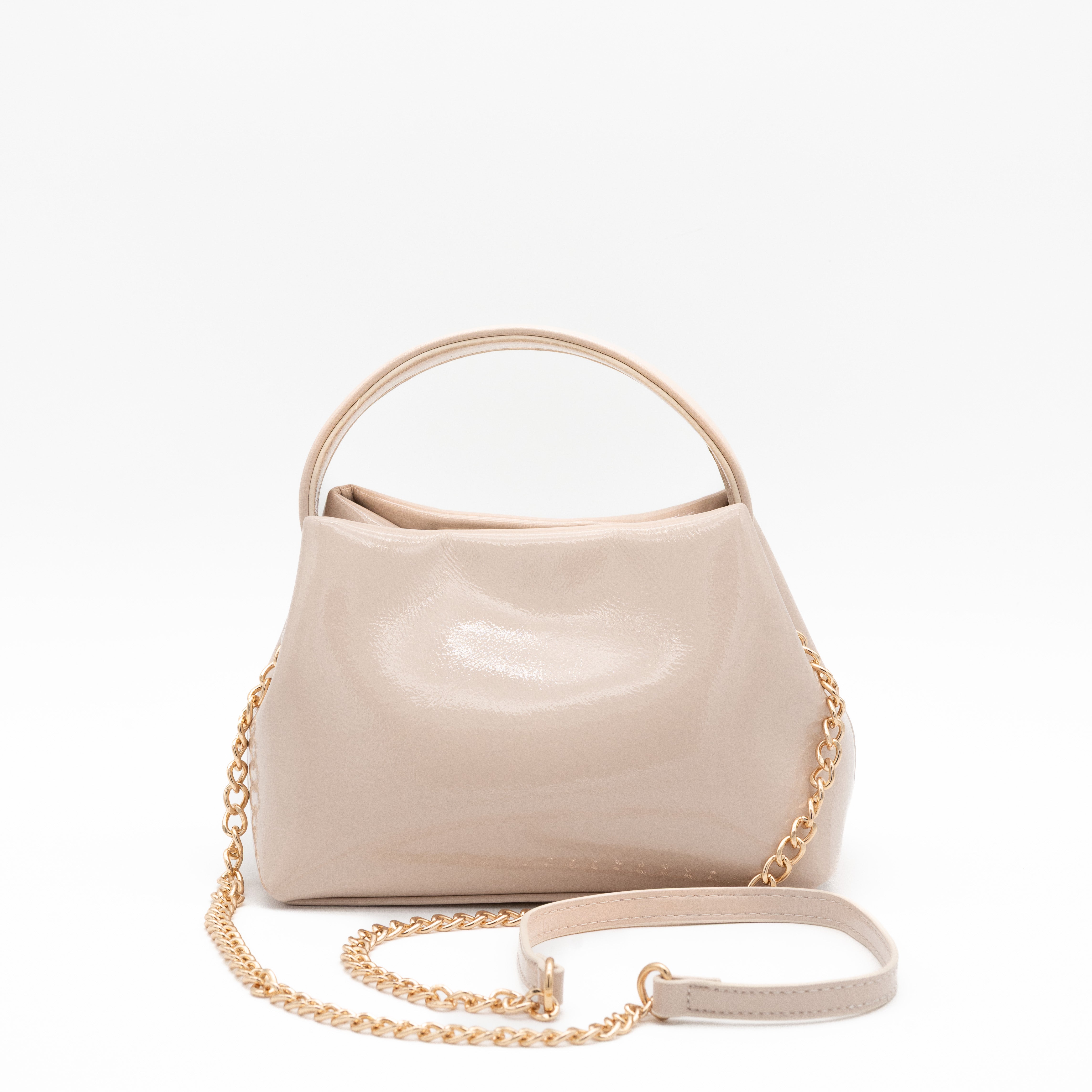Bolso de fiesta con efecto charol nude, diseño estructurado y correa combinada metálica y sintética