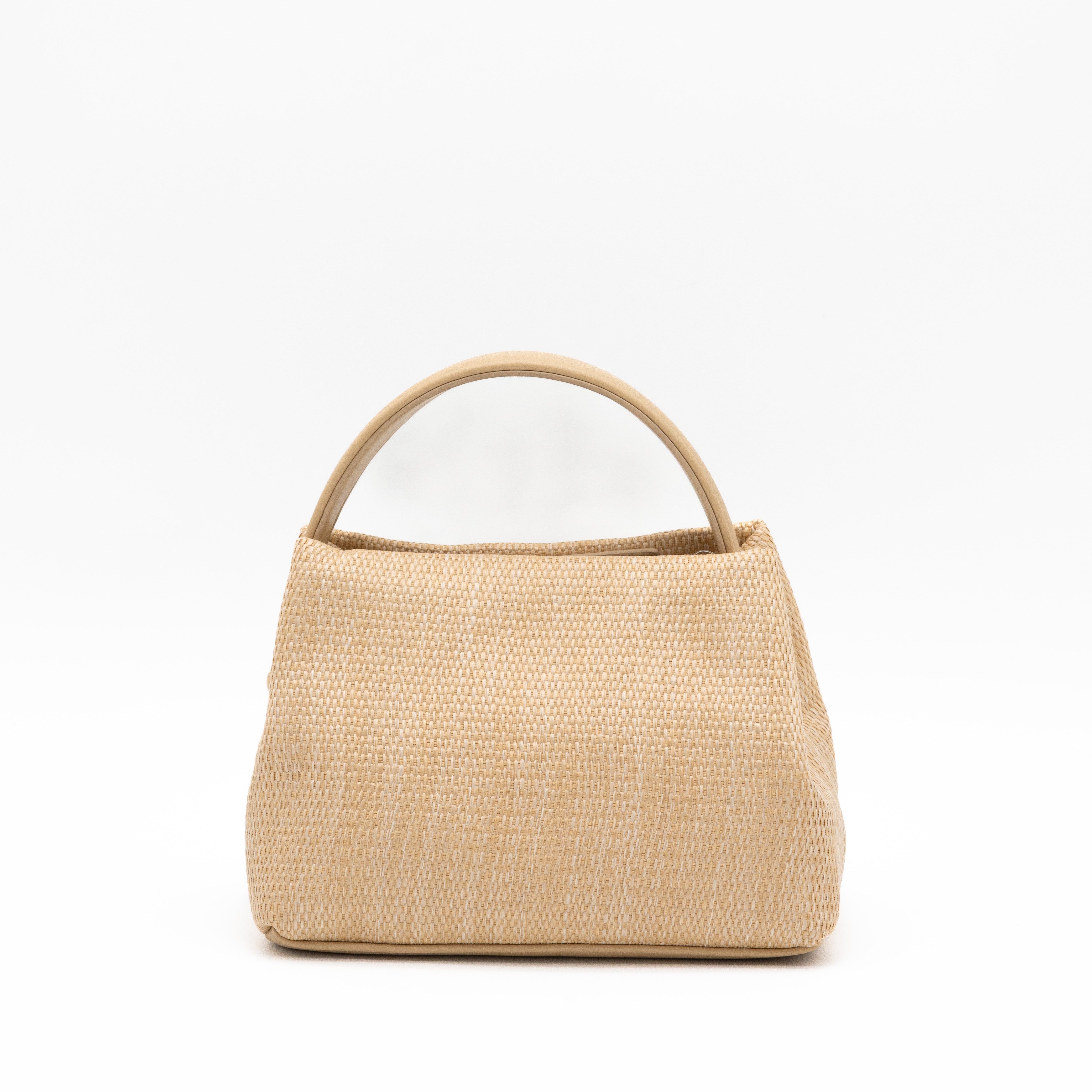 Bolso de fiesta de rafia beige con asa rígida y correa desmontable