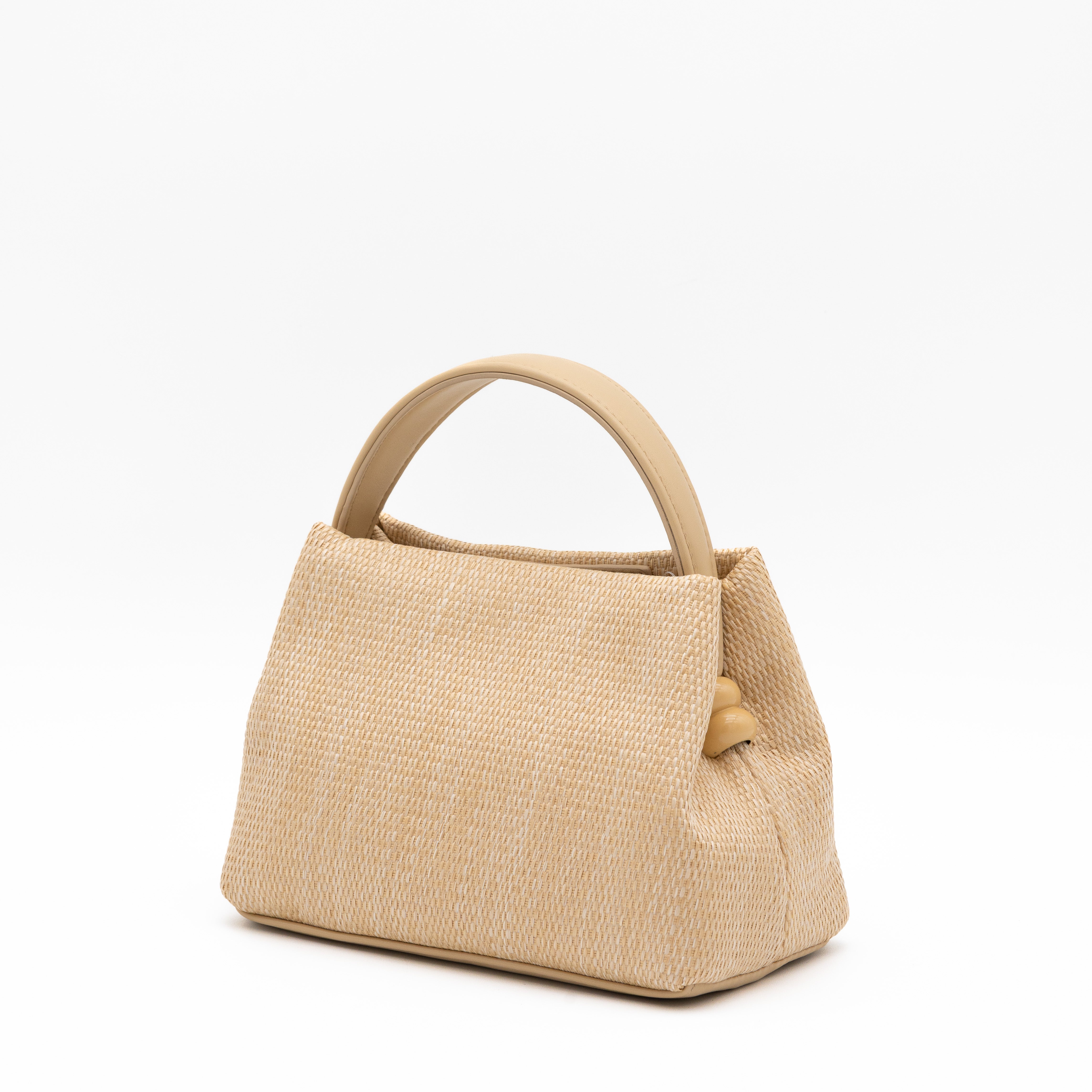 Bolso de fiesta de rafia beige con asa rígida y correa desmontable