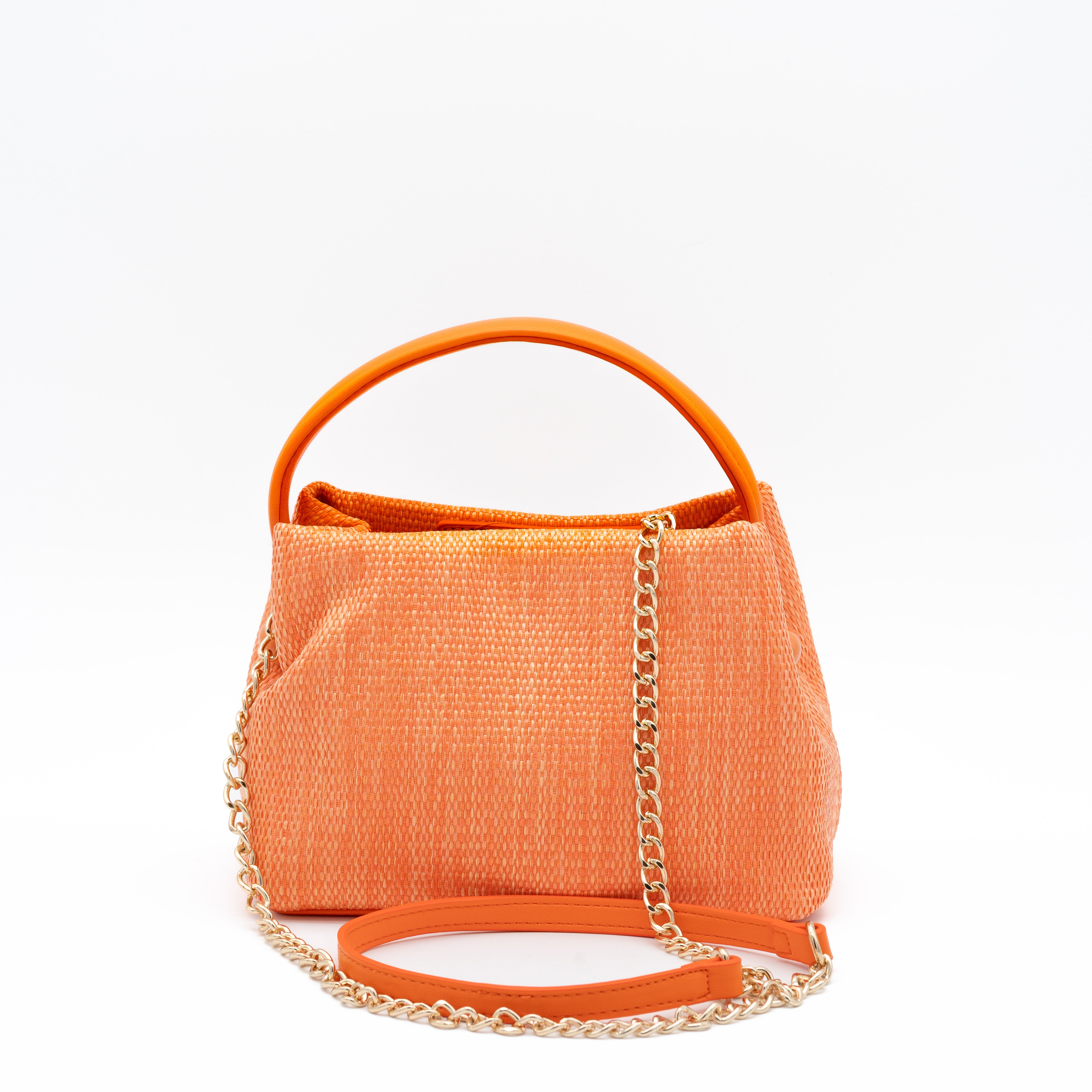 Bolso de fiesta de rafia naranja con asa rígida y correa desmontable