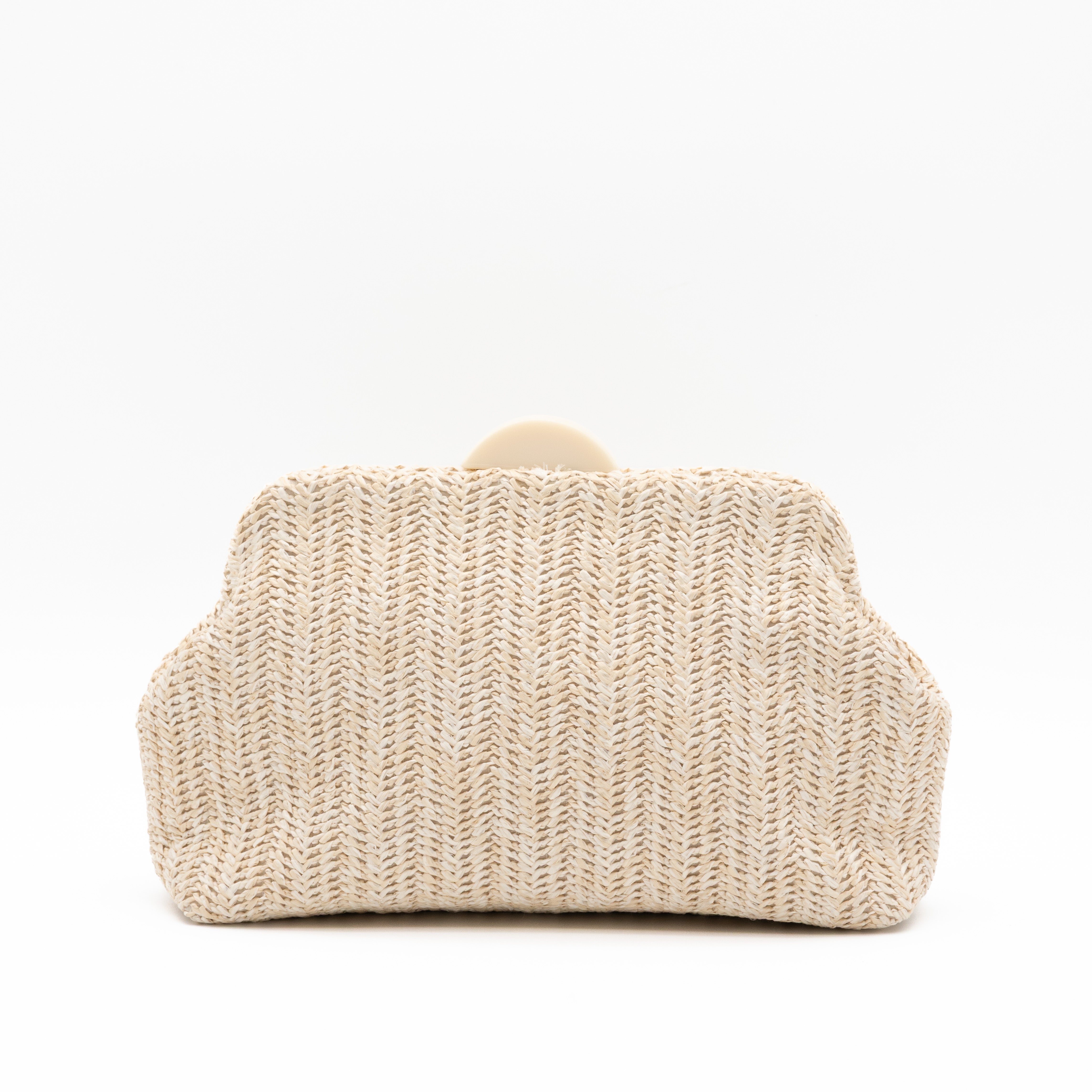Bolso de fiesta de rafia beige con diseño en espiga y cadena metálica desmontable
