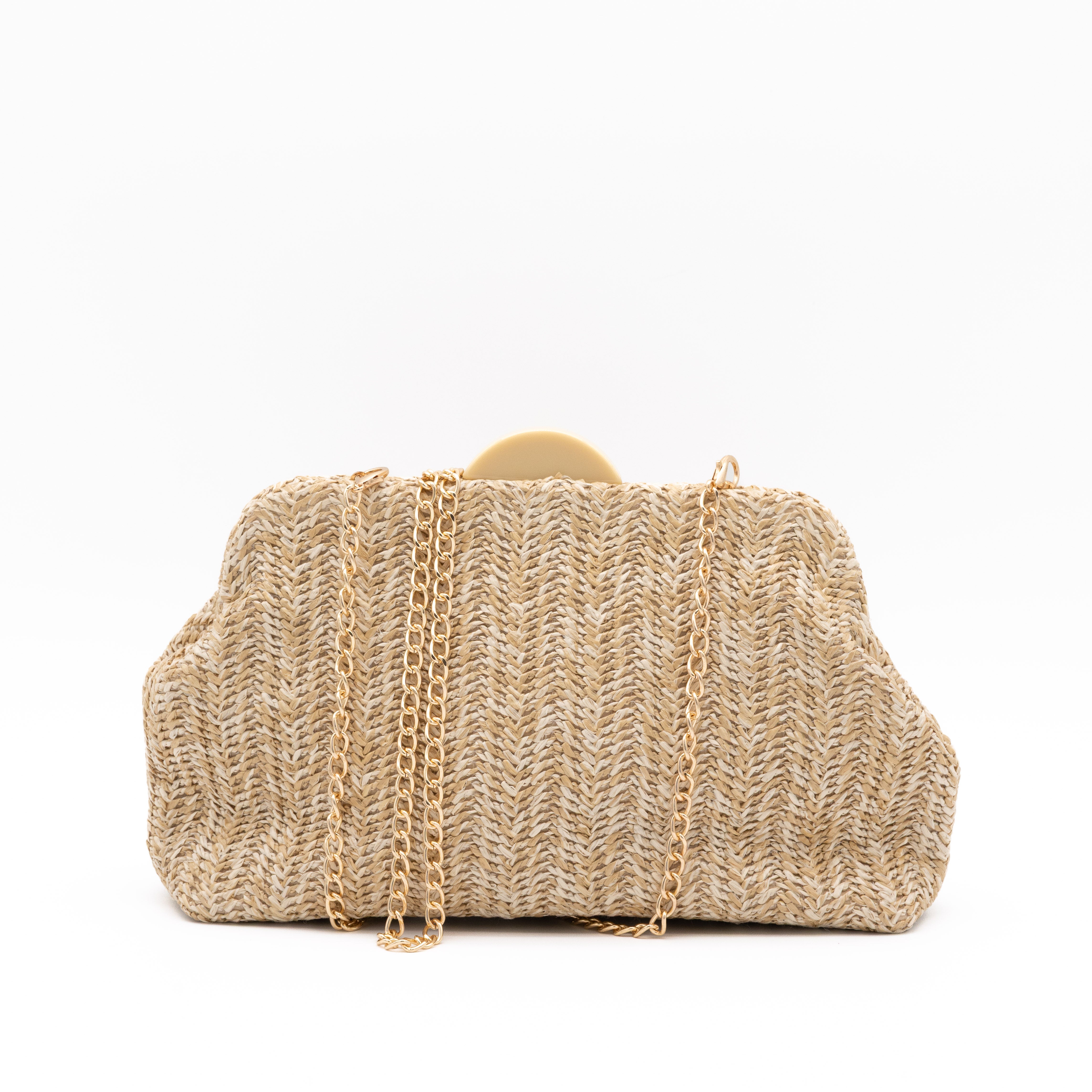 Bolso de fiesta de rafia camel con diseño en espiga y cadena metálica desmontable