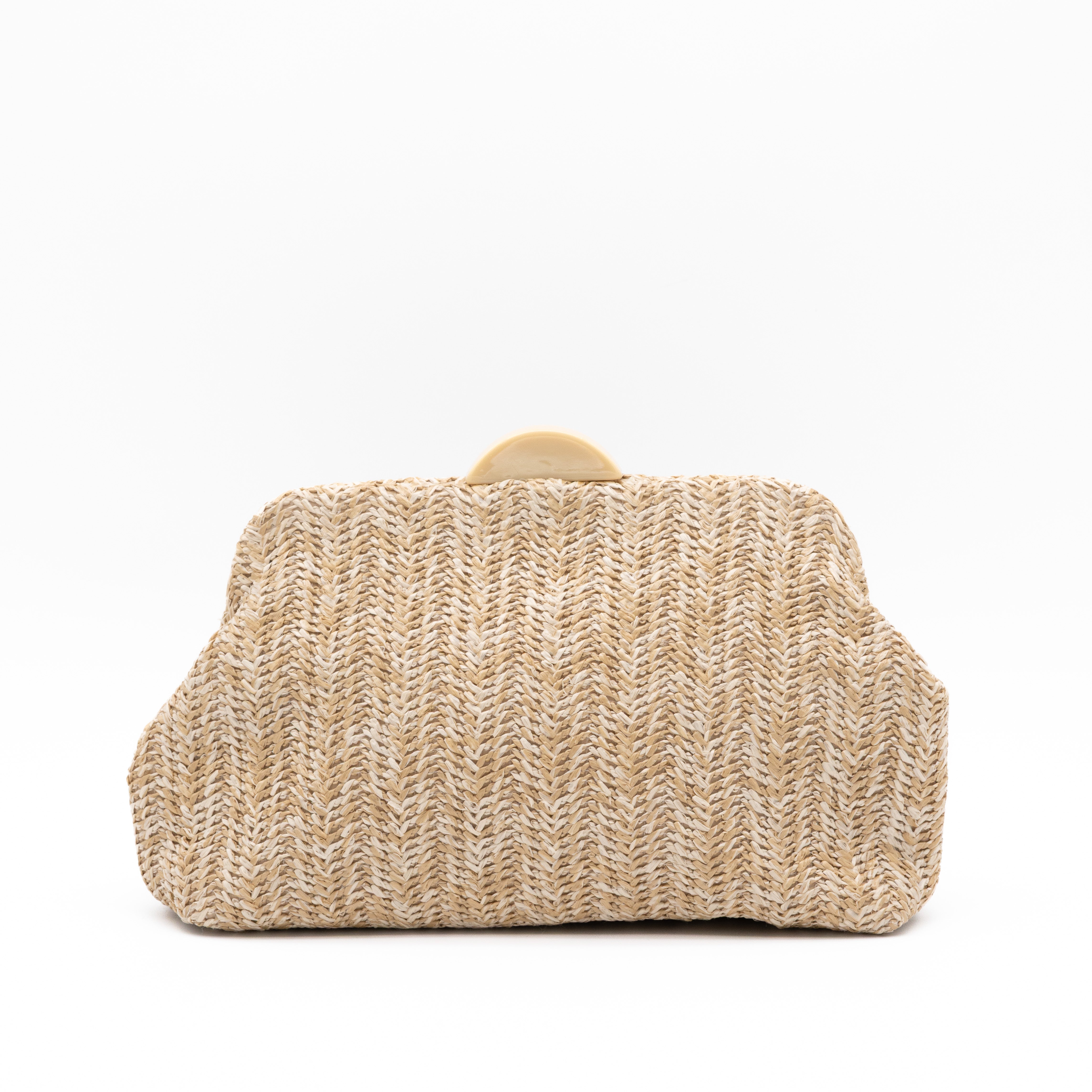 Bolso de fiesta de rafia camel con diseño en espiga y cadena metálica desmontable