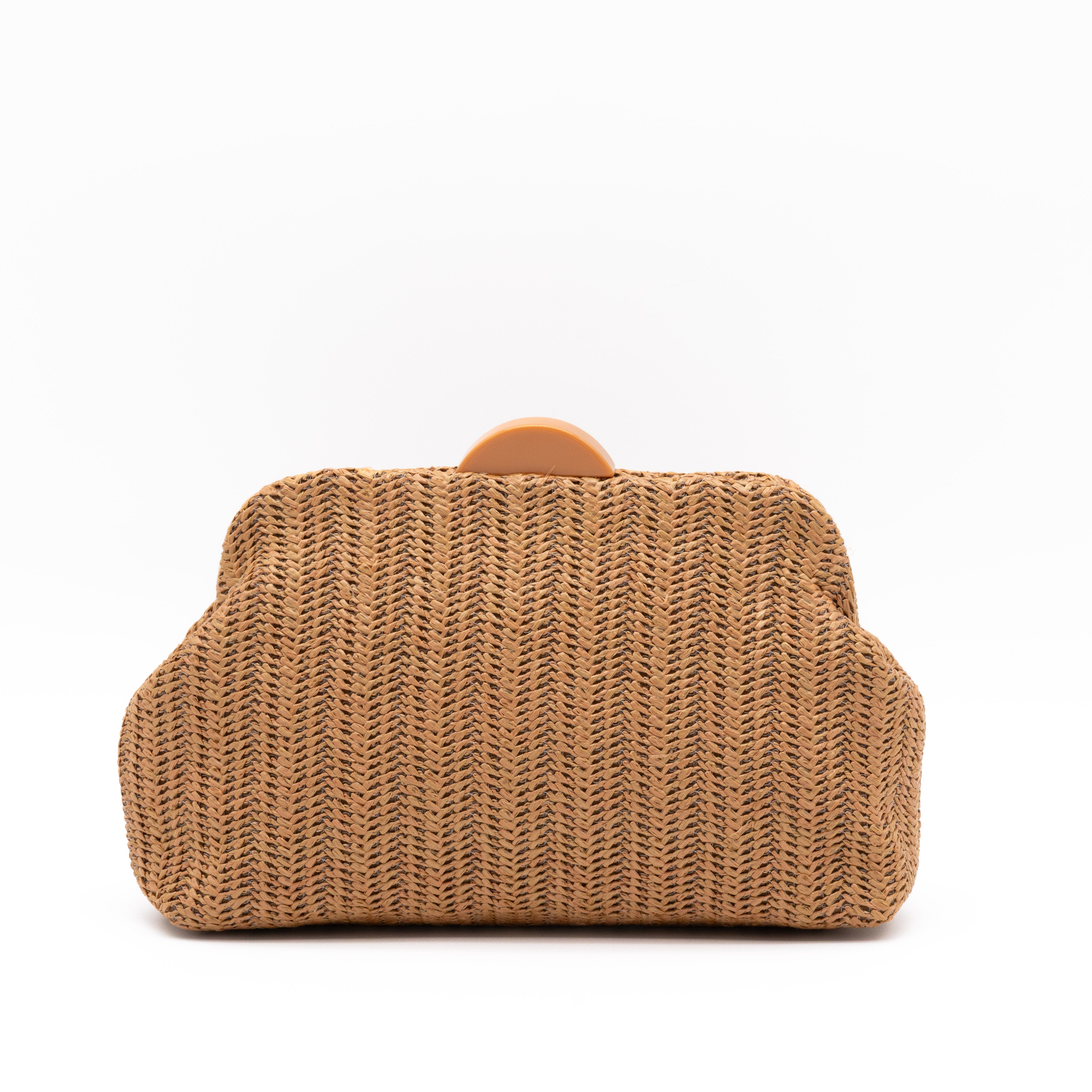 Bolso de fiesta de rafia cuero con diseño en espiga y cadena metálica desmontable