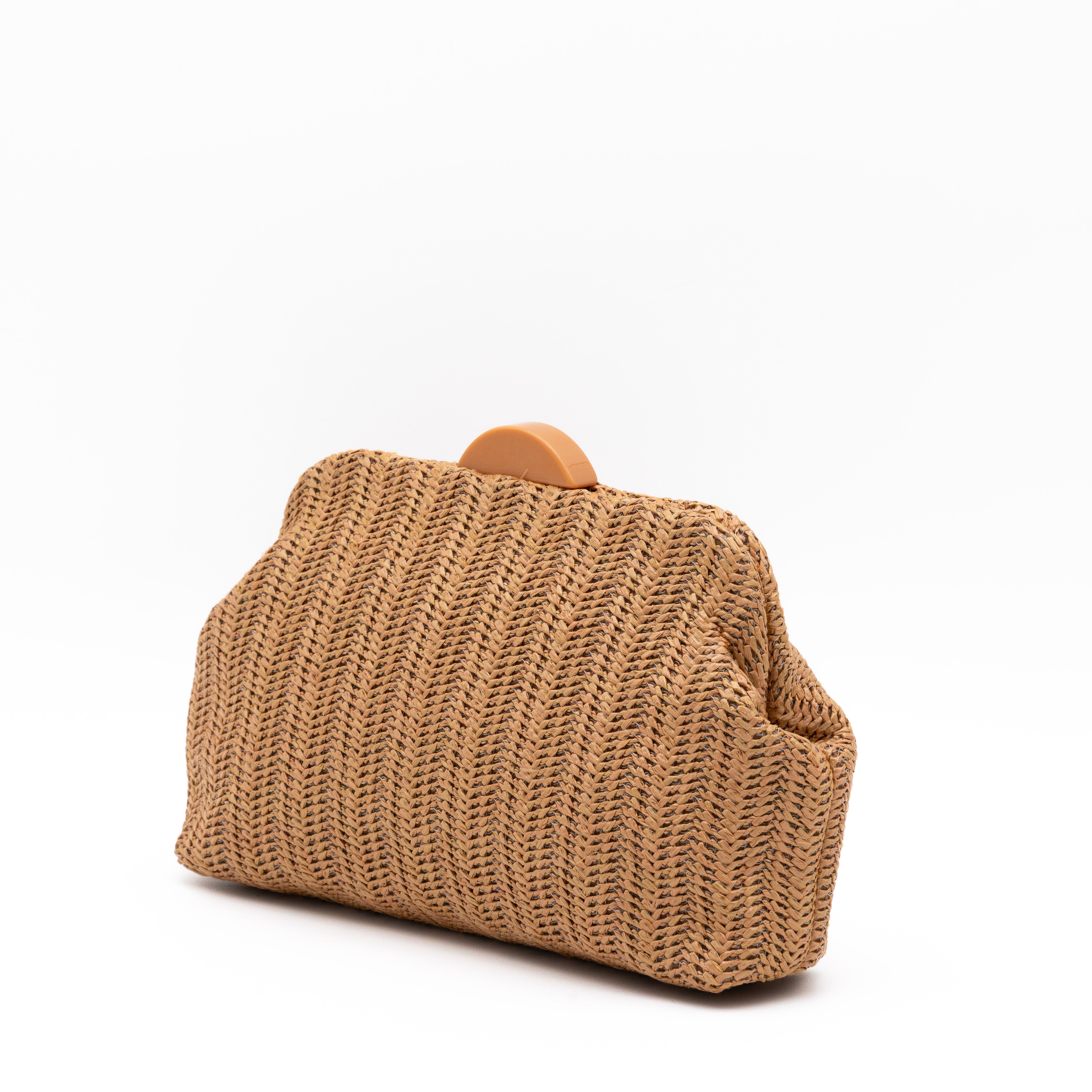 Bolso de fiesta de rafia cuero con diseño en espiga y cadena metálica desmontable
