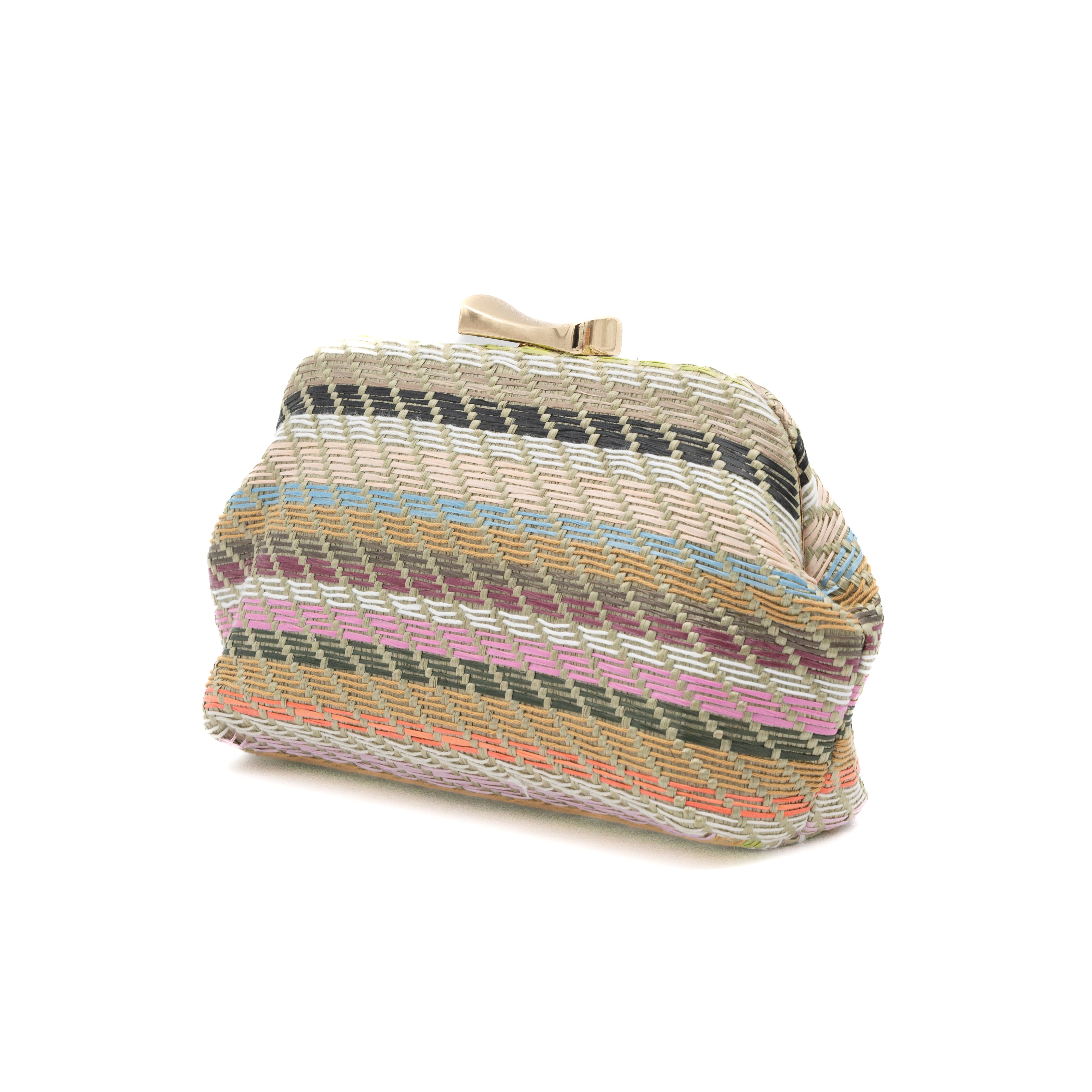 Bolso clutch de fiesta en rafia multicolor verde con diseño de rayas