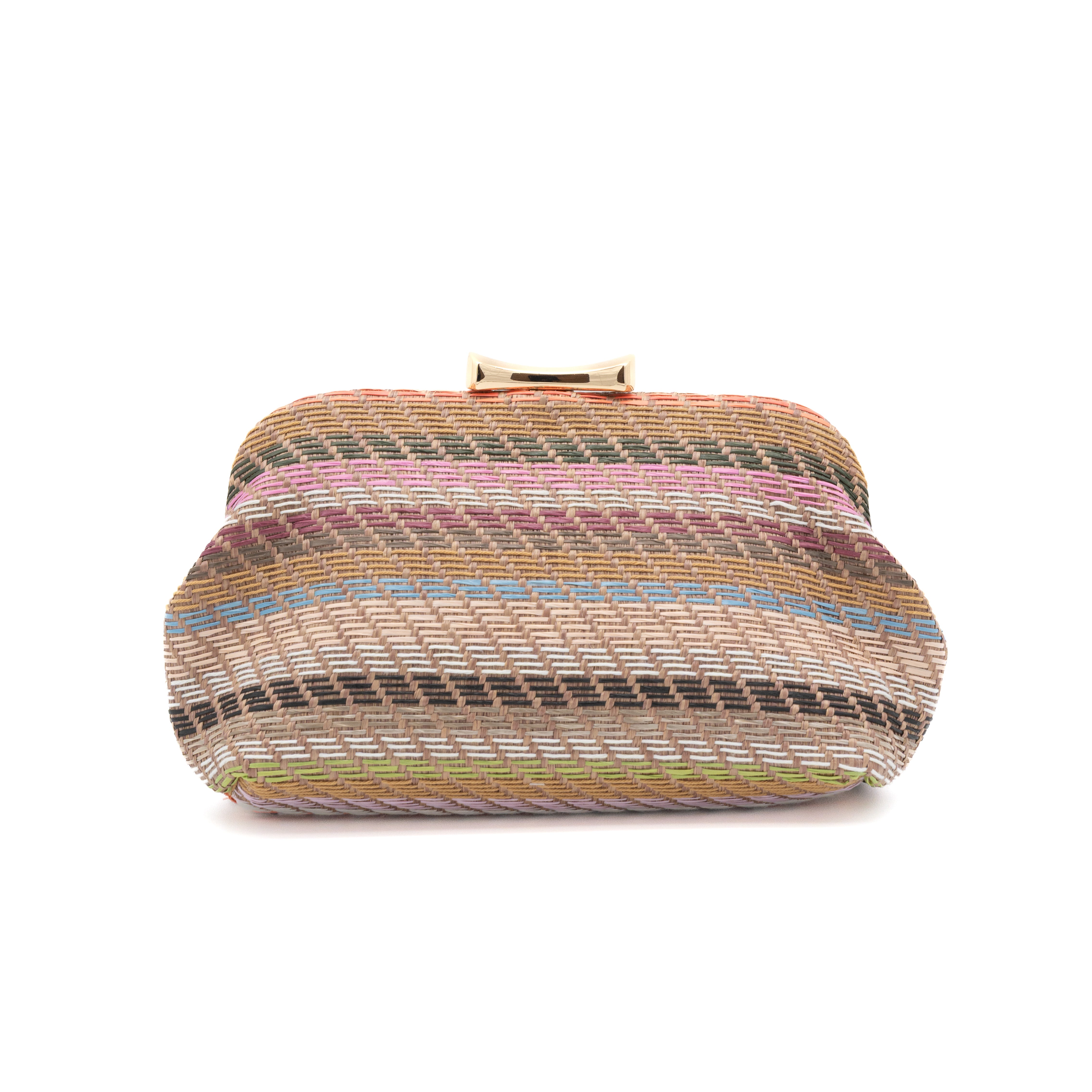 Bolso clutch de fiesta en rafia multicolor taupe con diseño de rayas