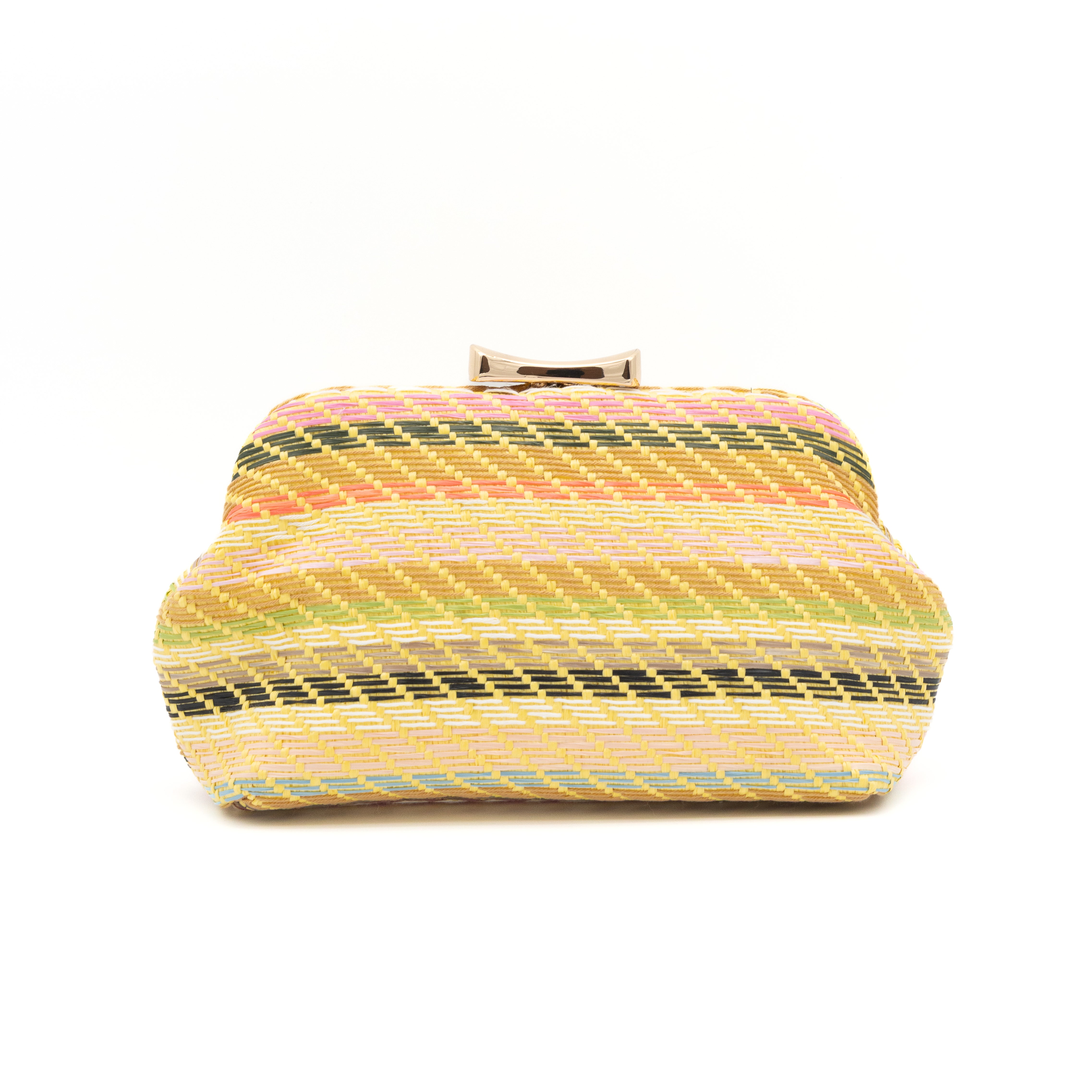 Bolso clutch de fiesta en rafia multicolor amarillo con diseño de rayas