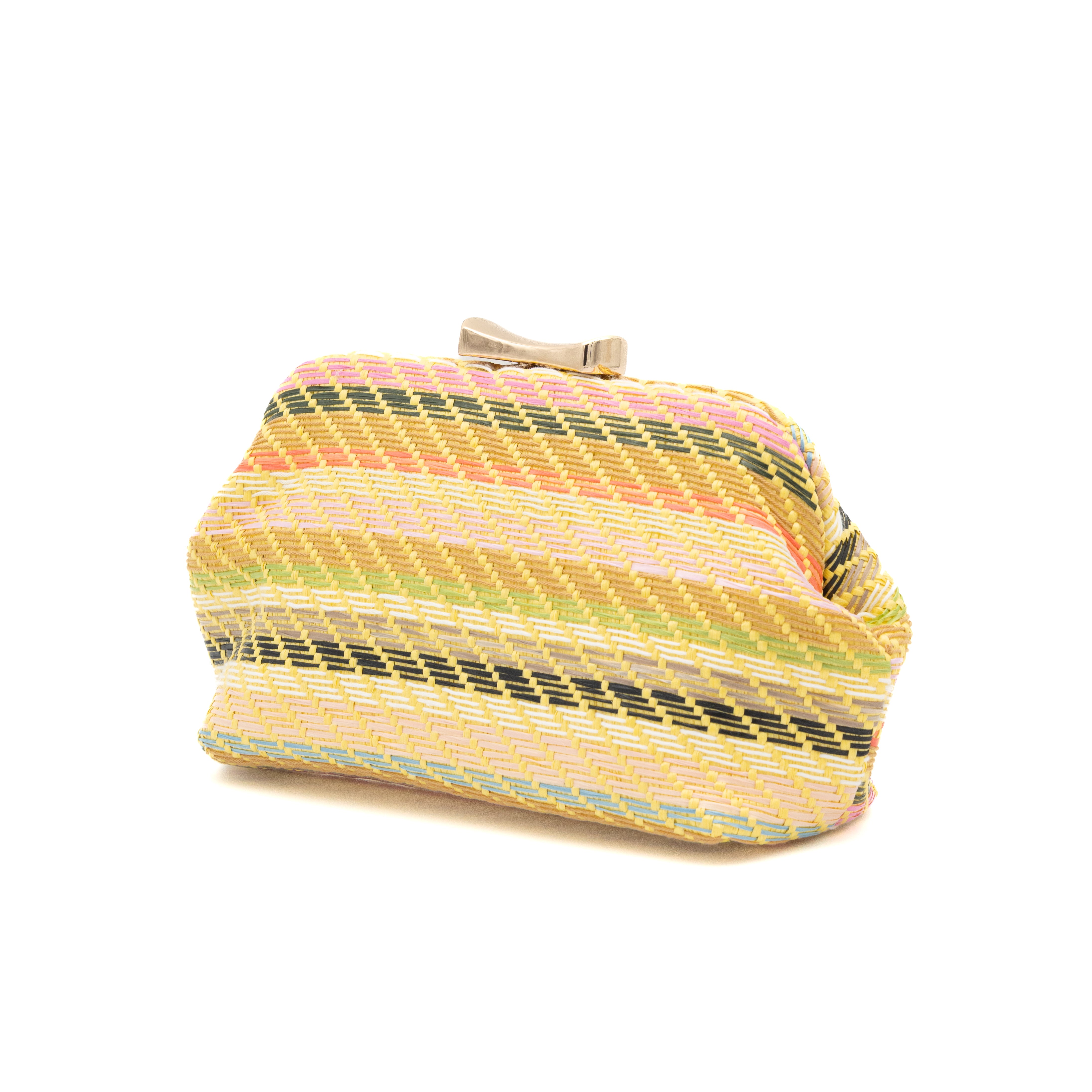 Bolso clutch de fiesta en rafia multicolor amarillo con diseño de rayas