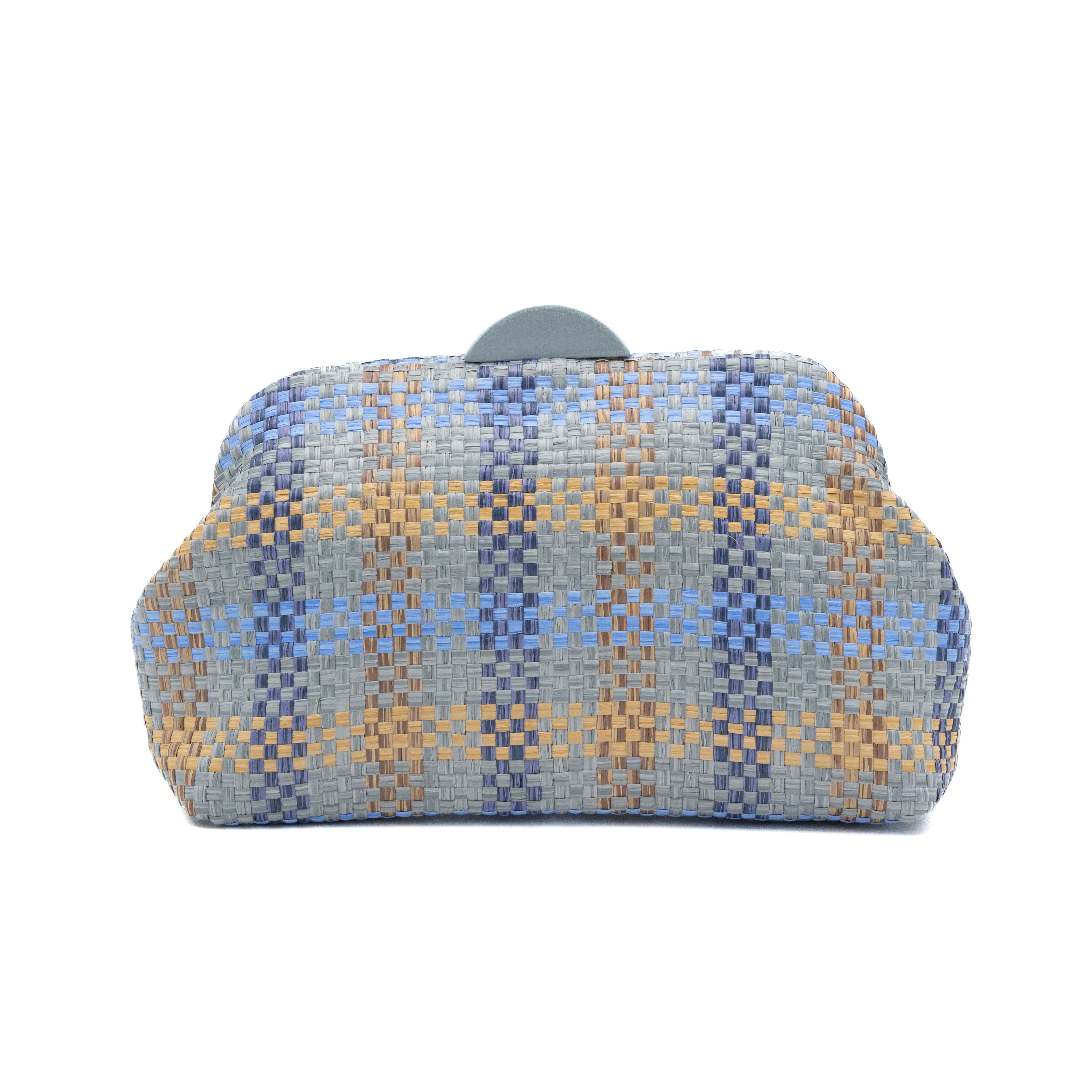 Bolso clutch de fiesta en rafia multicolor azul con diseño de cuadros