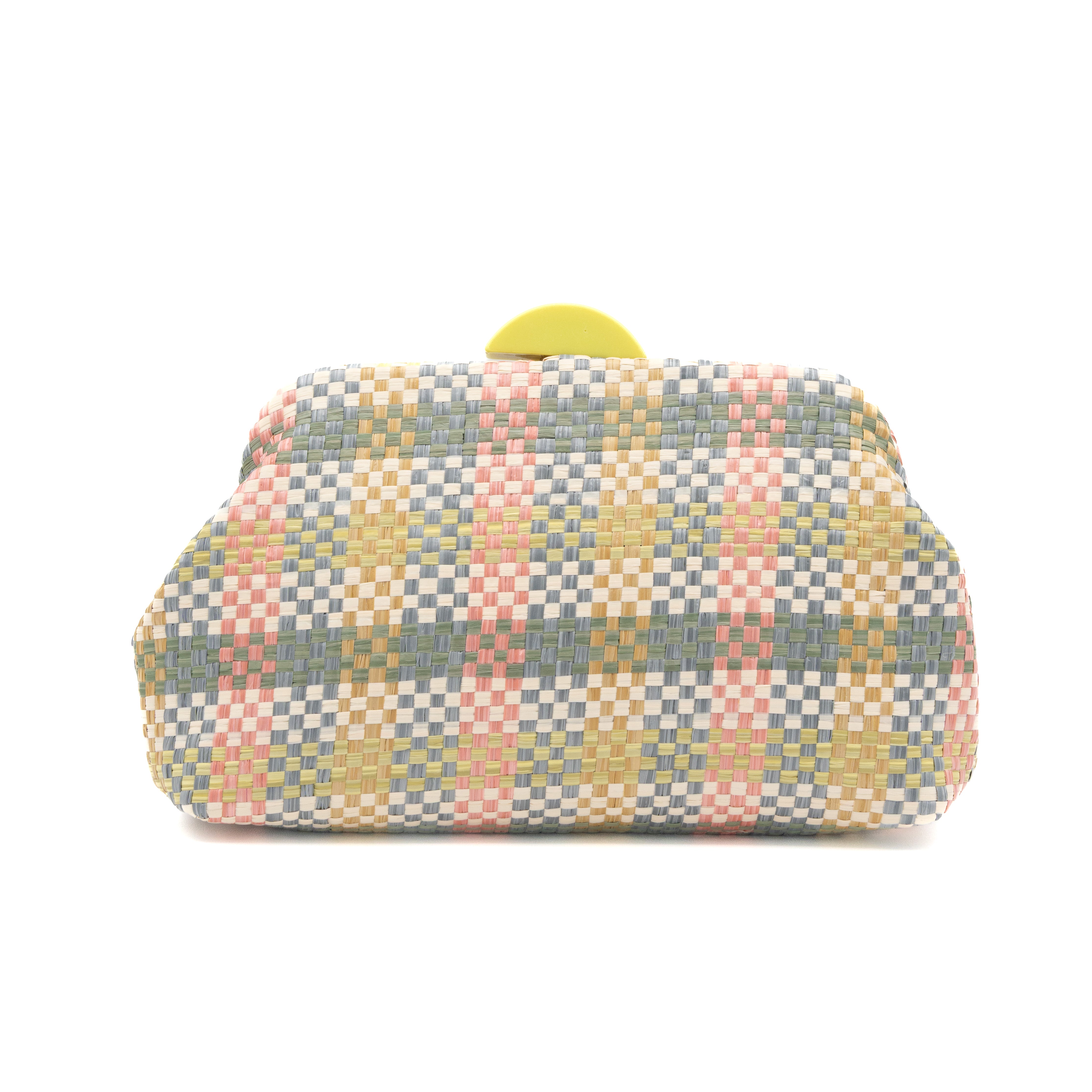 Bolso clutch de fiesta en rafia multicolor verde con diseño de cuadros