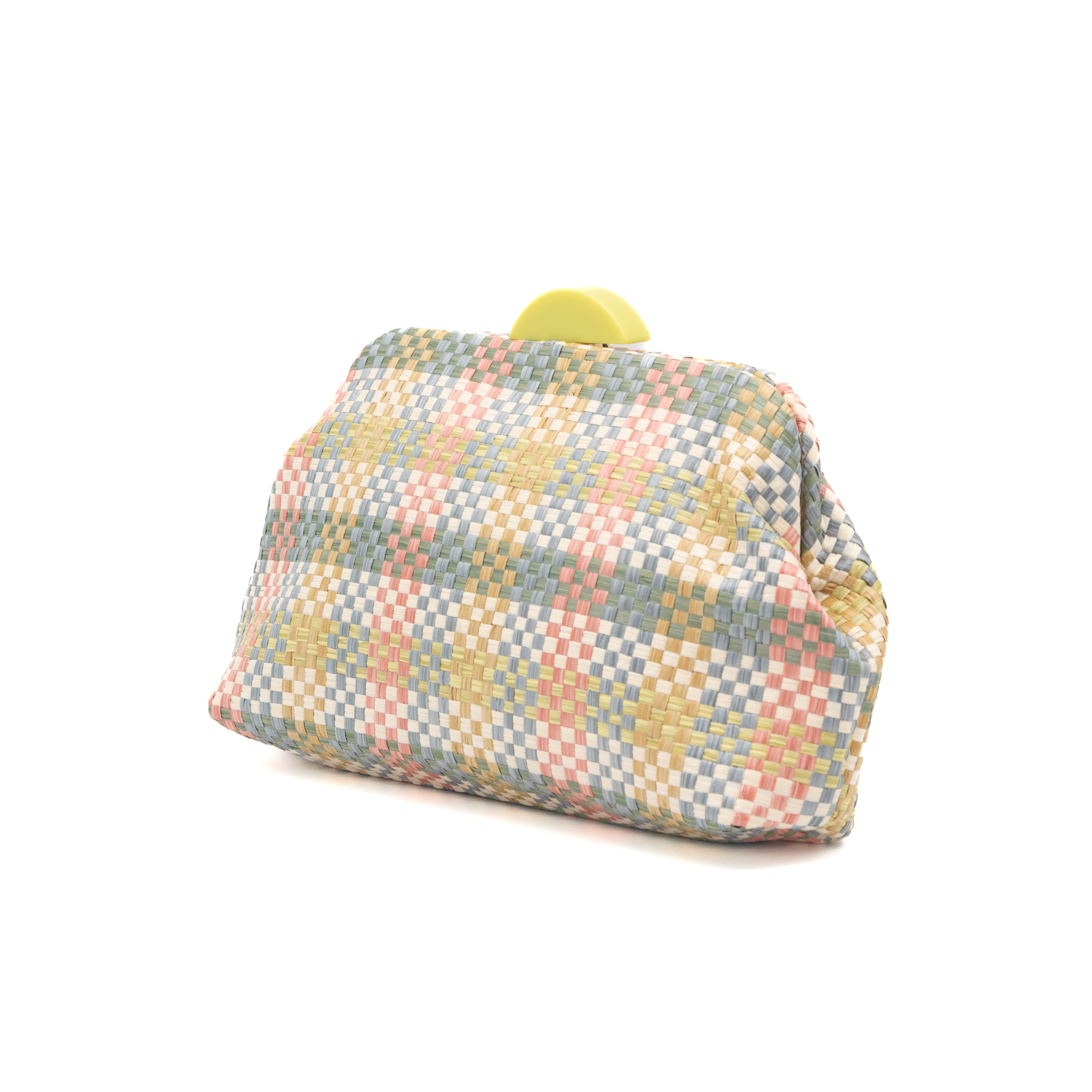 Bolso clutch de fiesta en rafia multicolor verde con diseño de cuadros