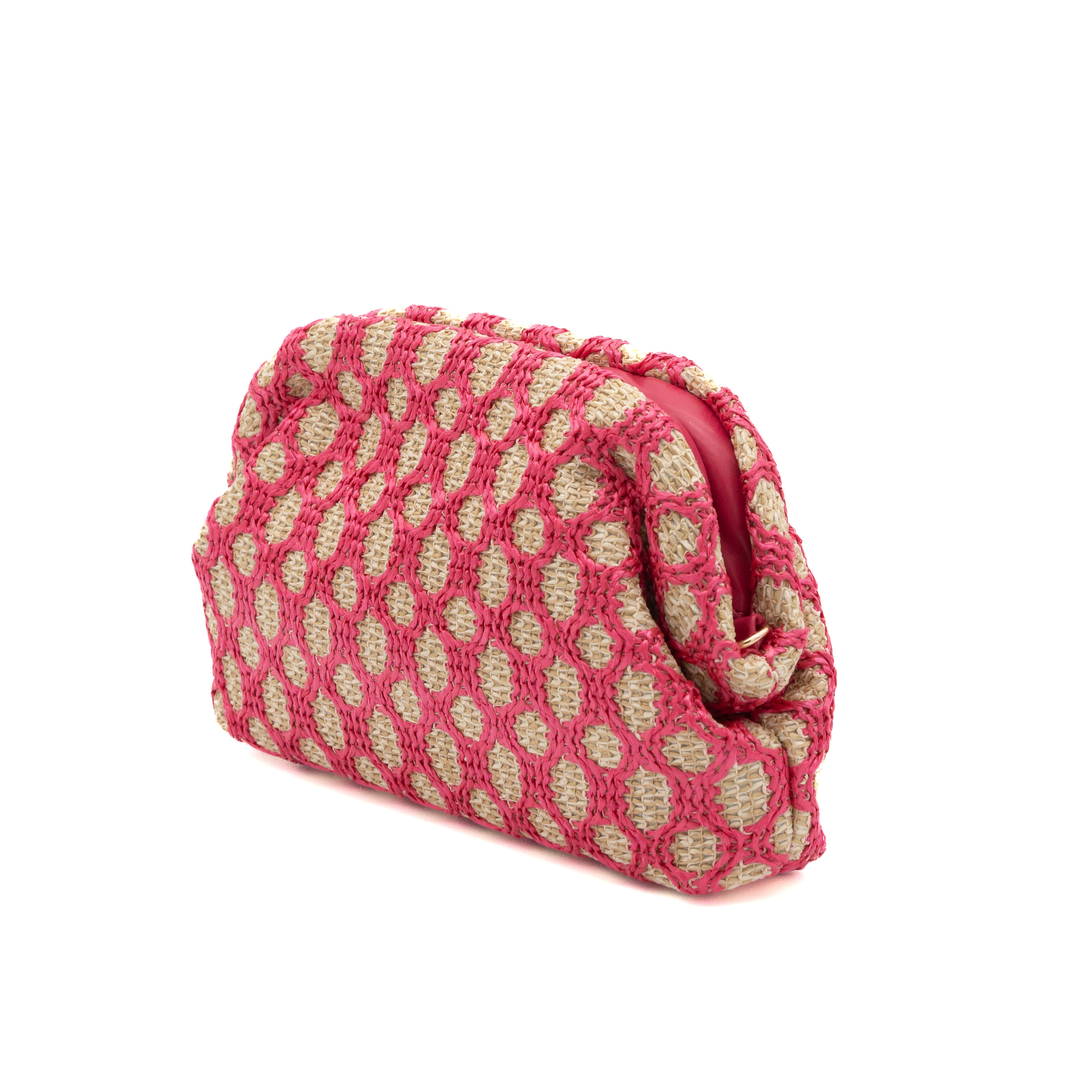 Bolso clutch de fiesta en rafia con patrón geométrico color fucsia