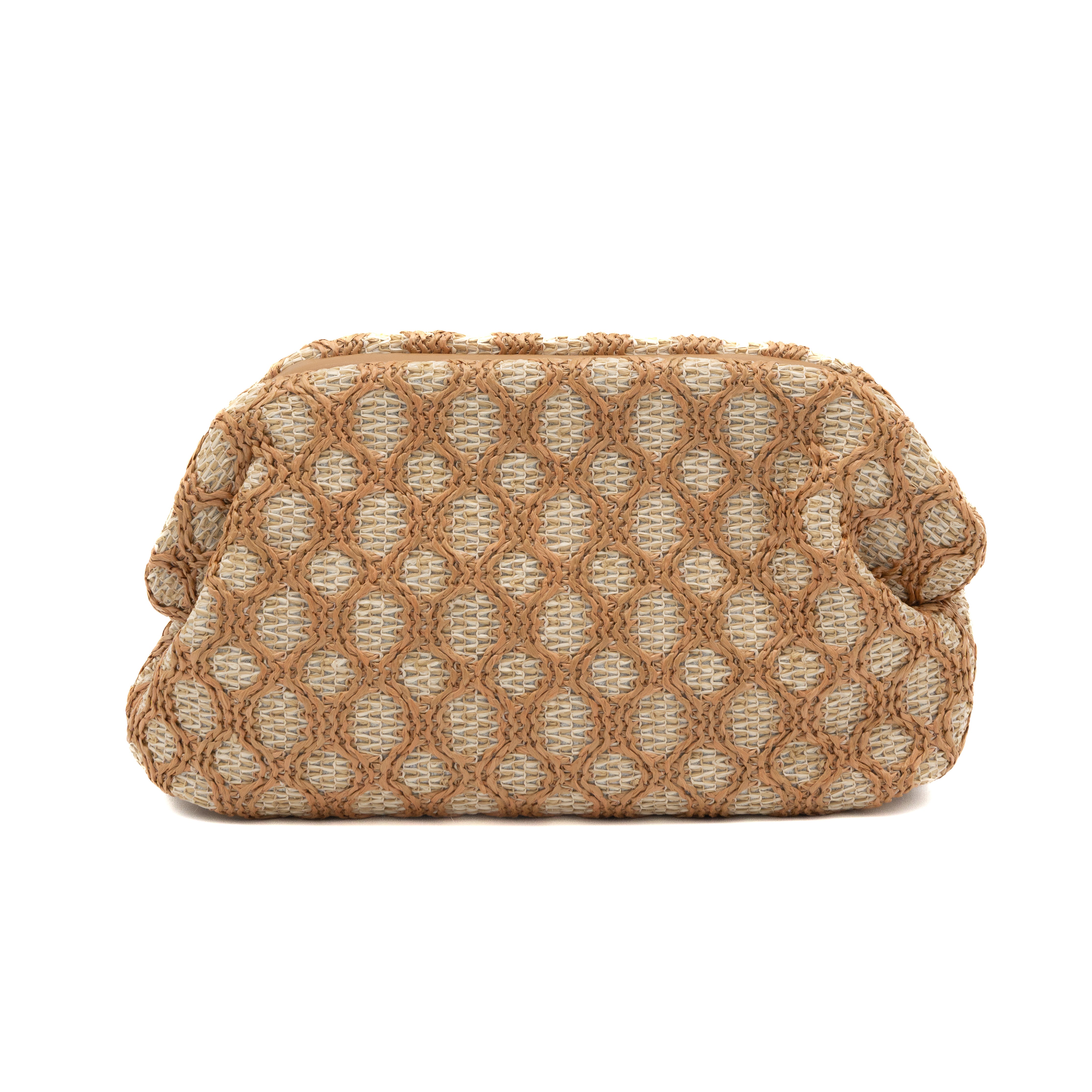 Bolso clutch de fiesta en rafia con patrón geométrico color camel