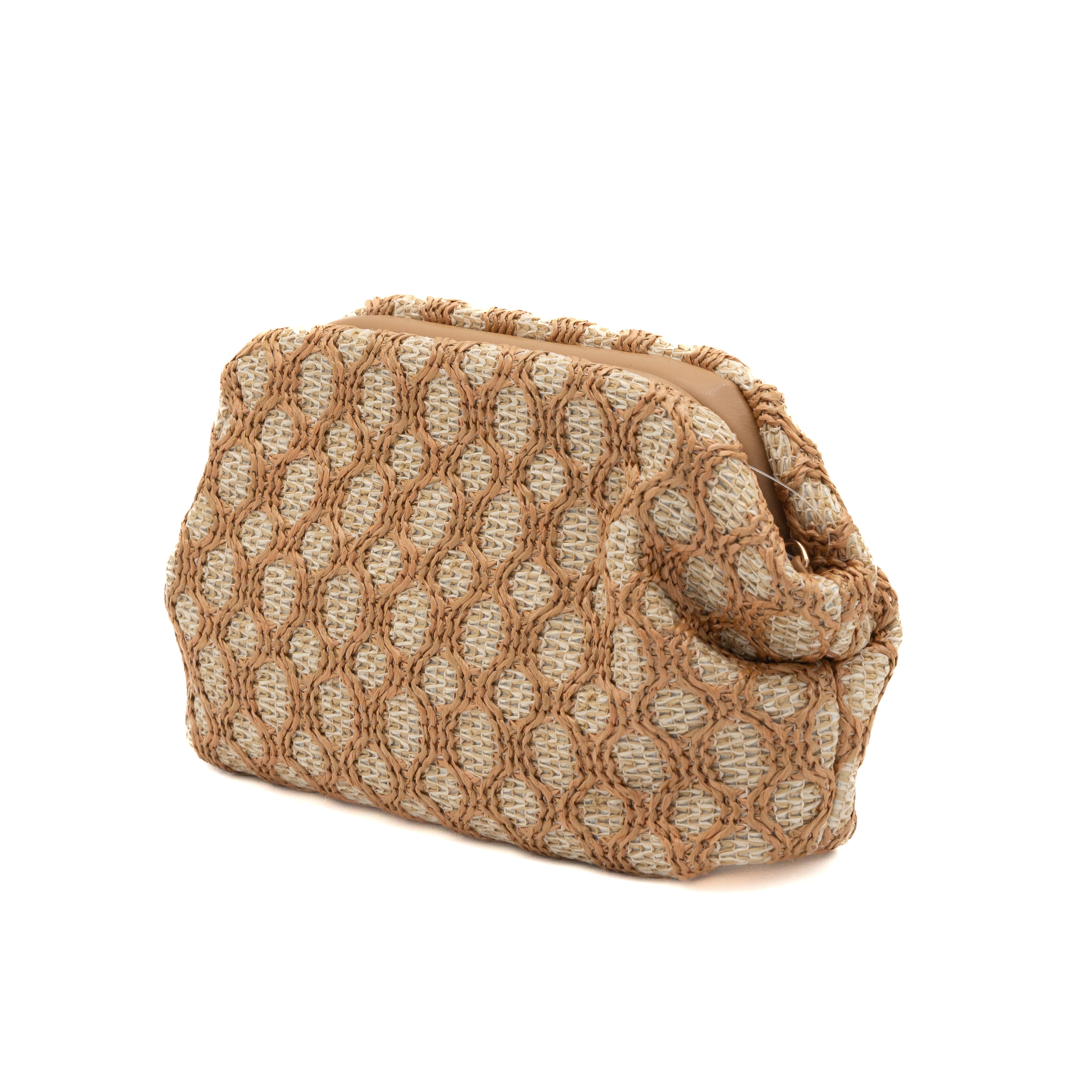Bolso clutch de fiesta en rafia con patrón geométrico color camel