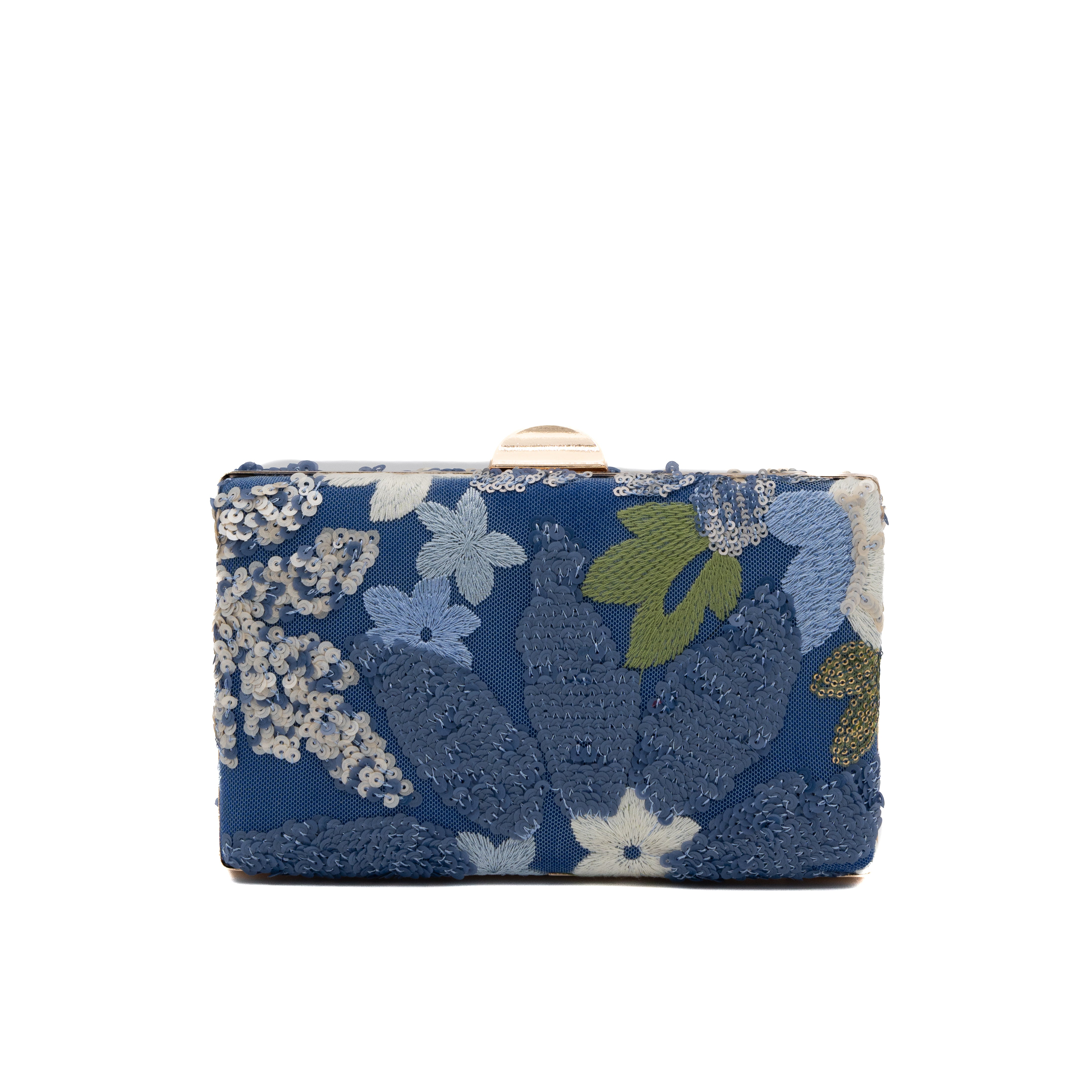 Bolso clutch rígido rectangular con bordado de lentejuelas marino