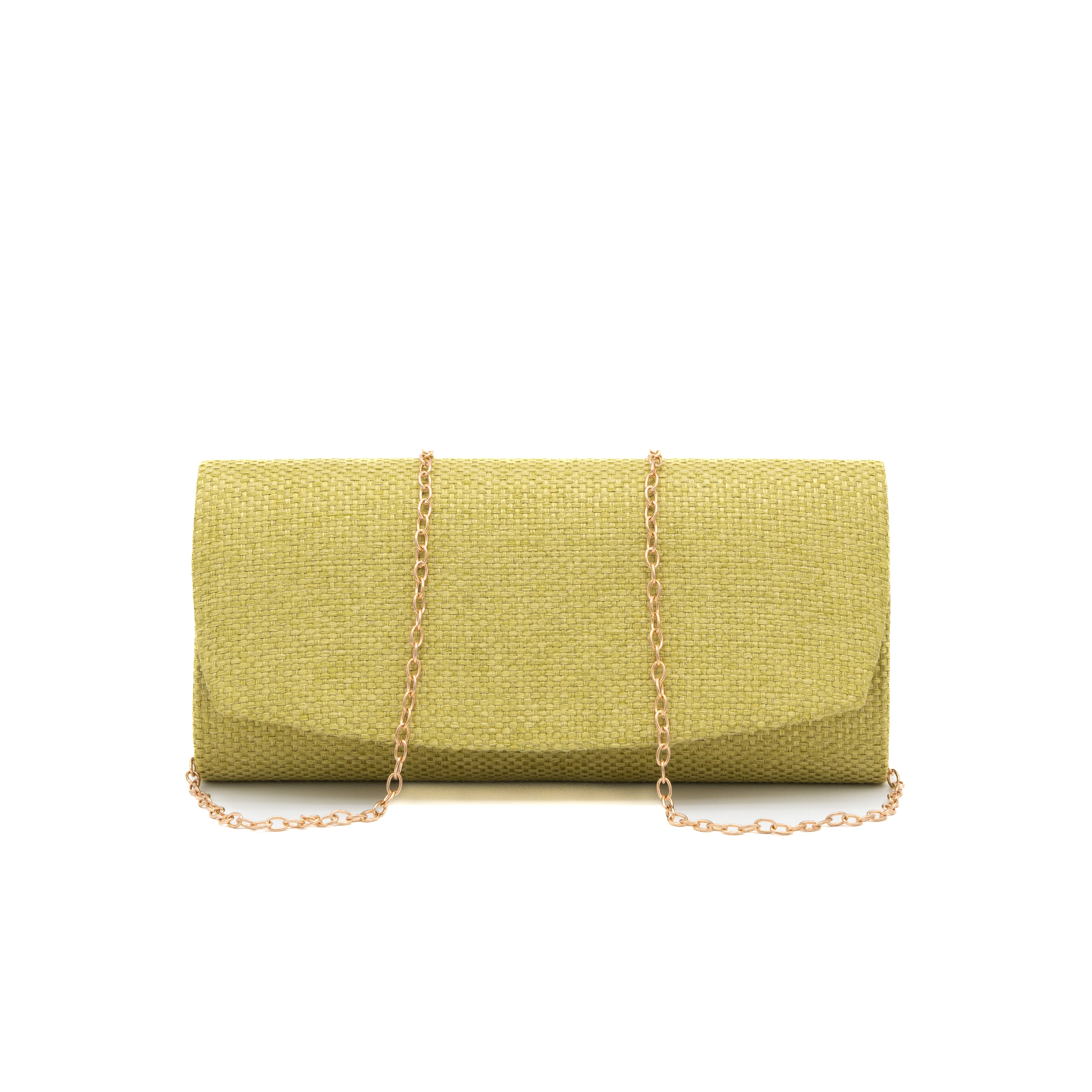 Bolso clutch de rafia rígido lima con solapa redondeada