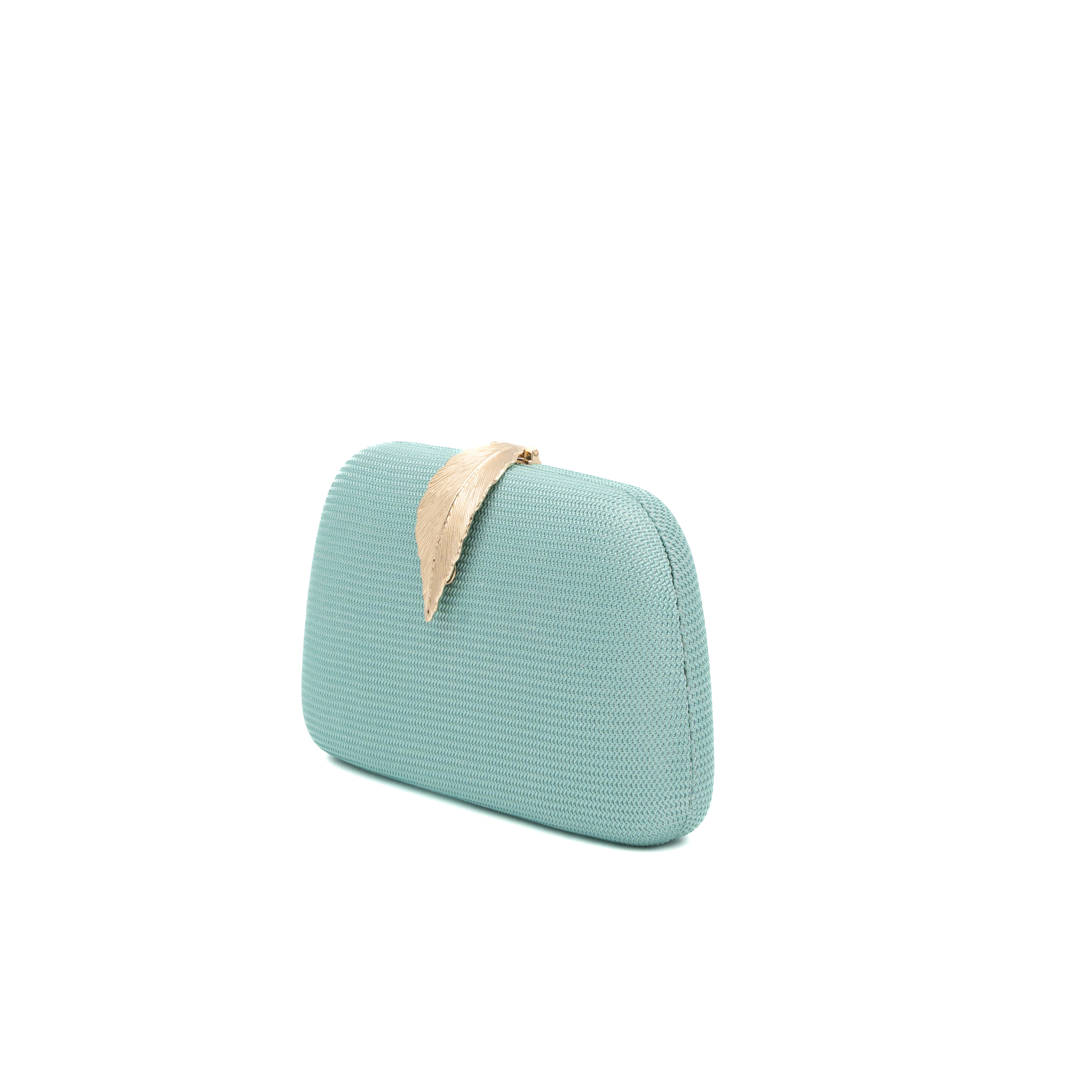 Bolso clutch rígido de malla teal con cierre de hoja