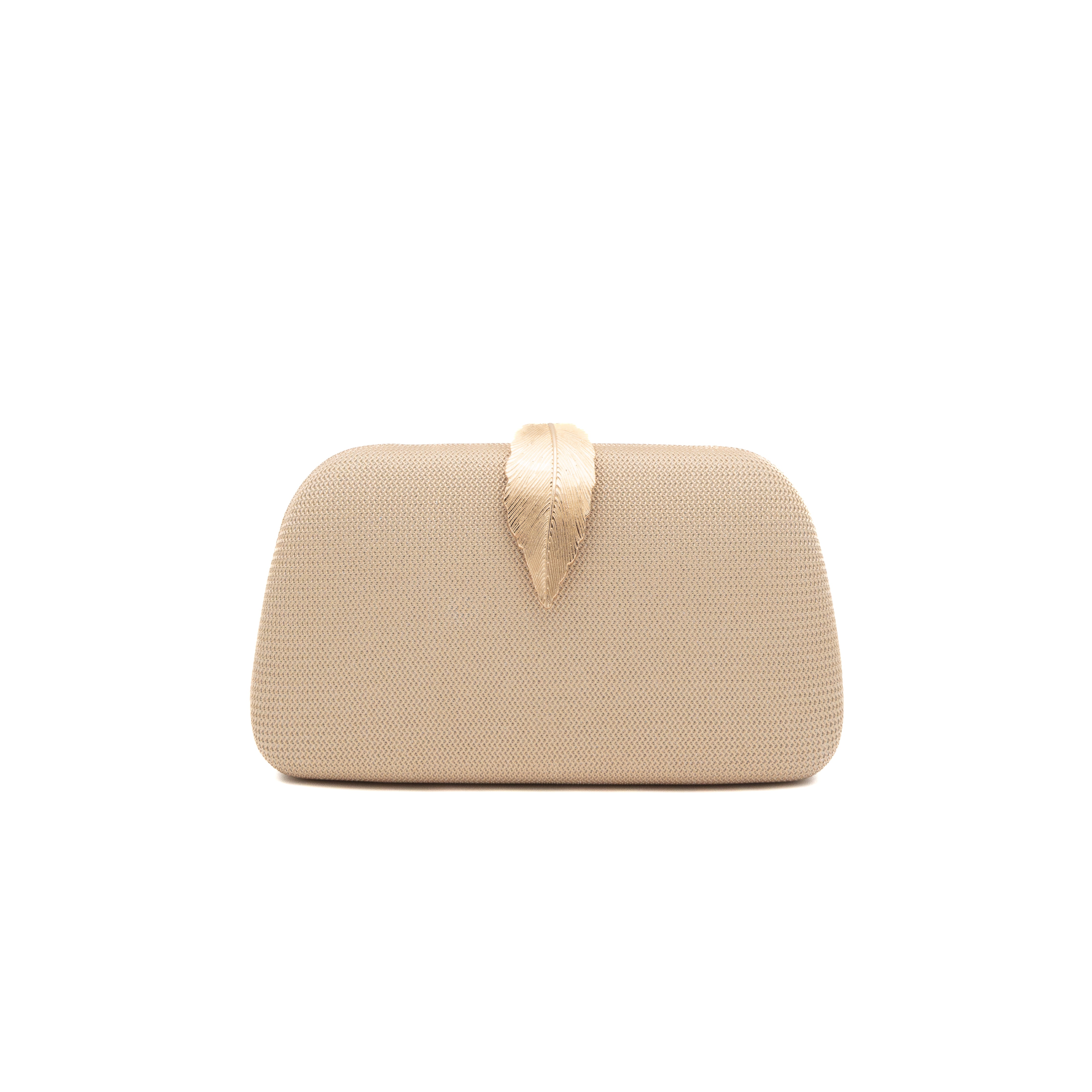 Bolso clutch rígido de malla oro claro con cierre de hoja