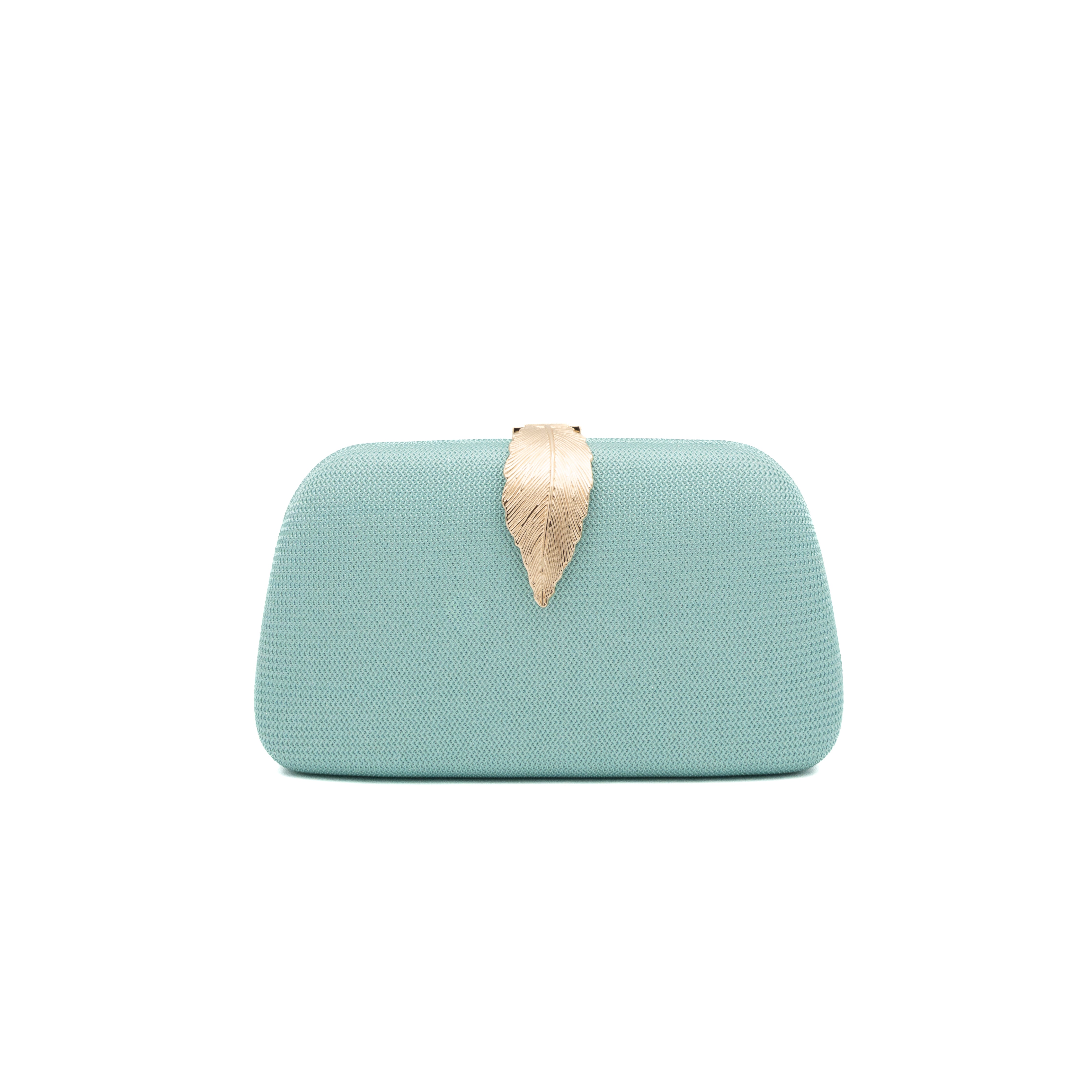 Bolso clutch rígido de malla teal con cierre de hoja