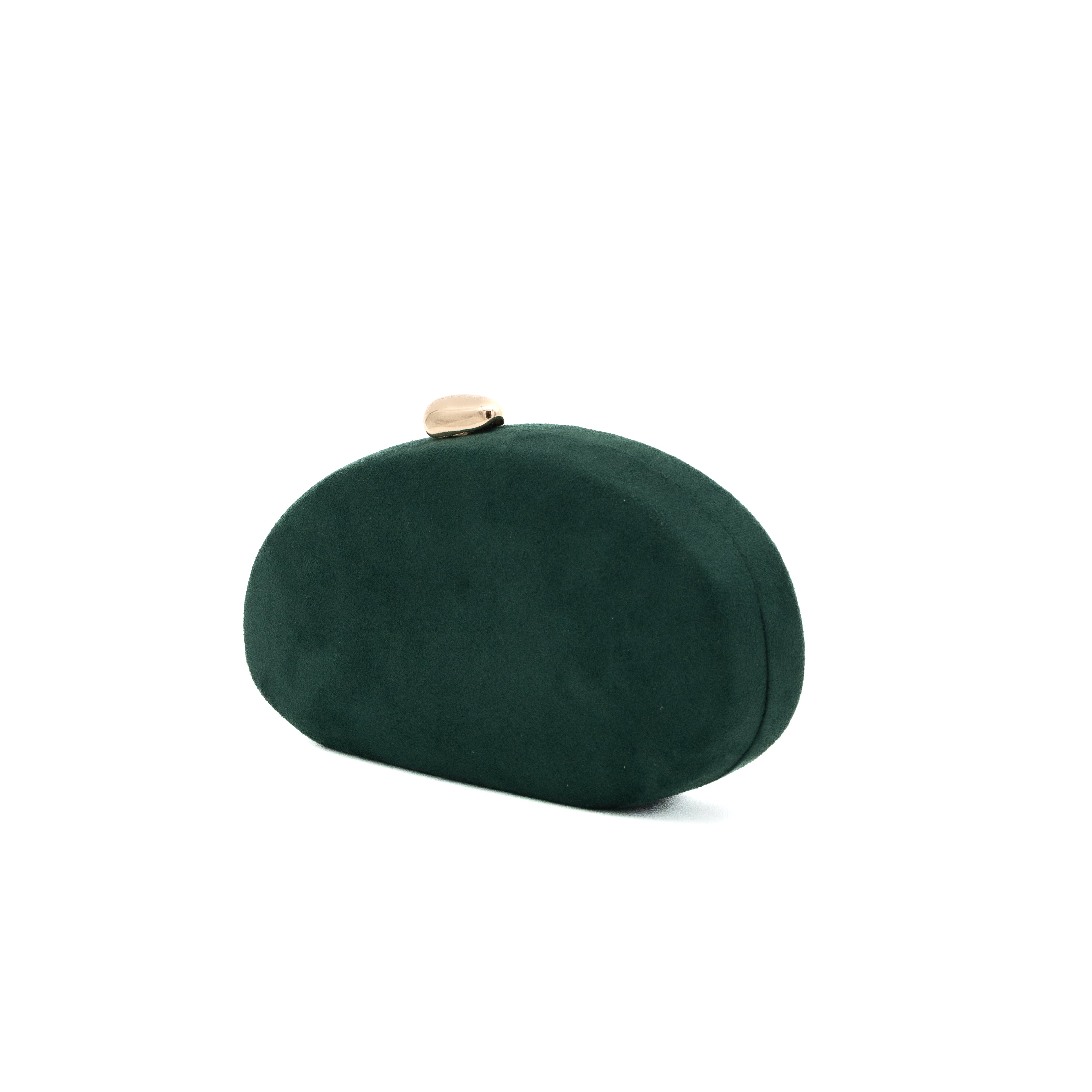Bolso clutch de fiesta rígido ovalado de antelina verde botella