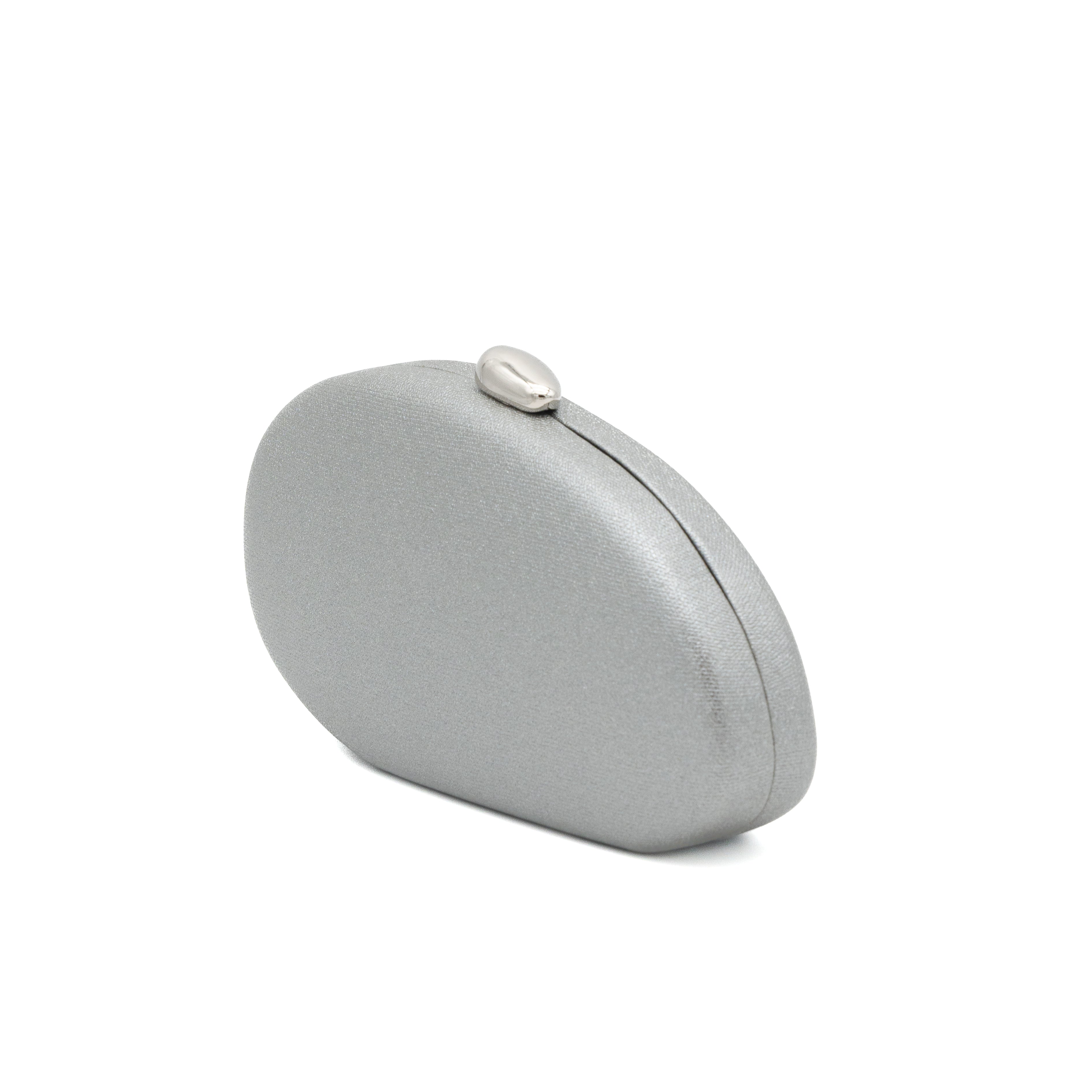 Bolso clutch rígido ovalado de polipiel metalizada gris