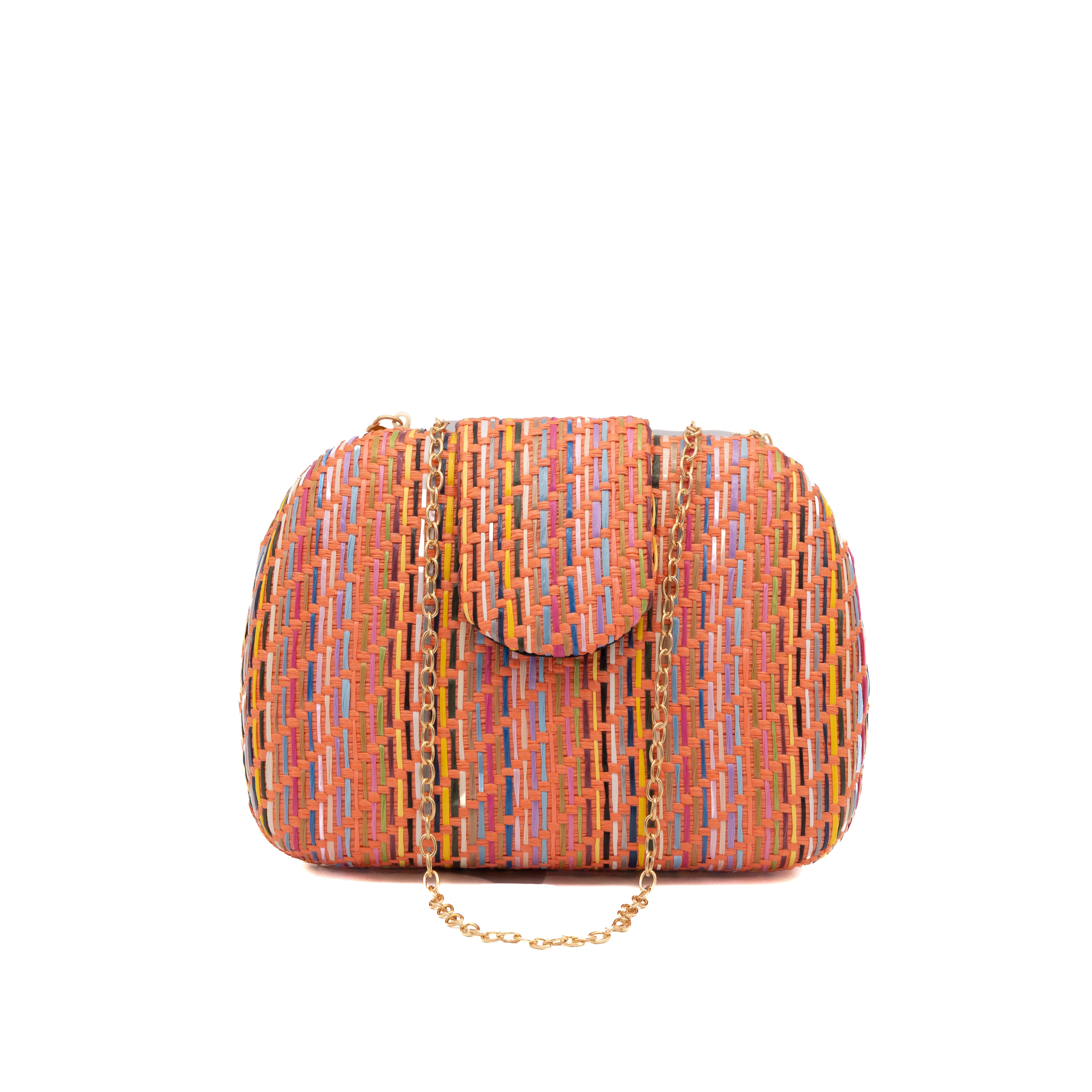 Bolso clutch rígido ovalado de rafia trenzada naranja