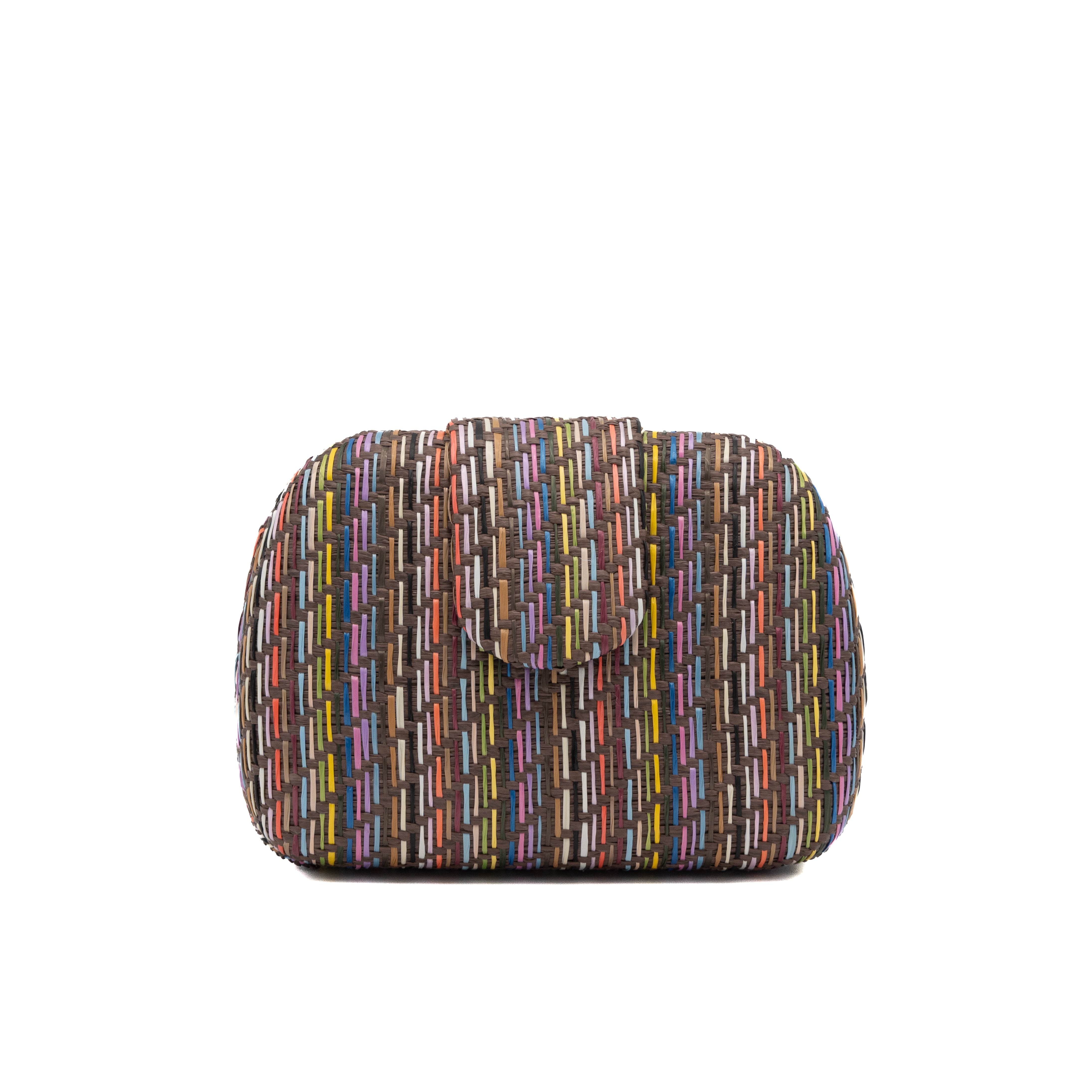 Bolso clutch rígido ovalado de rafia trenzada marrón