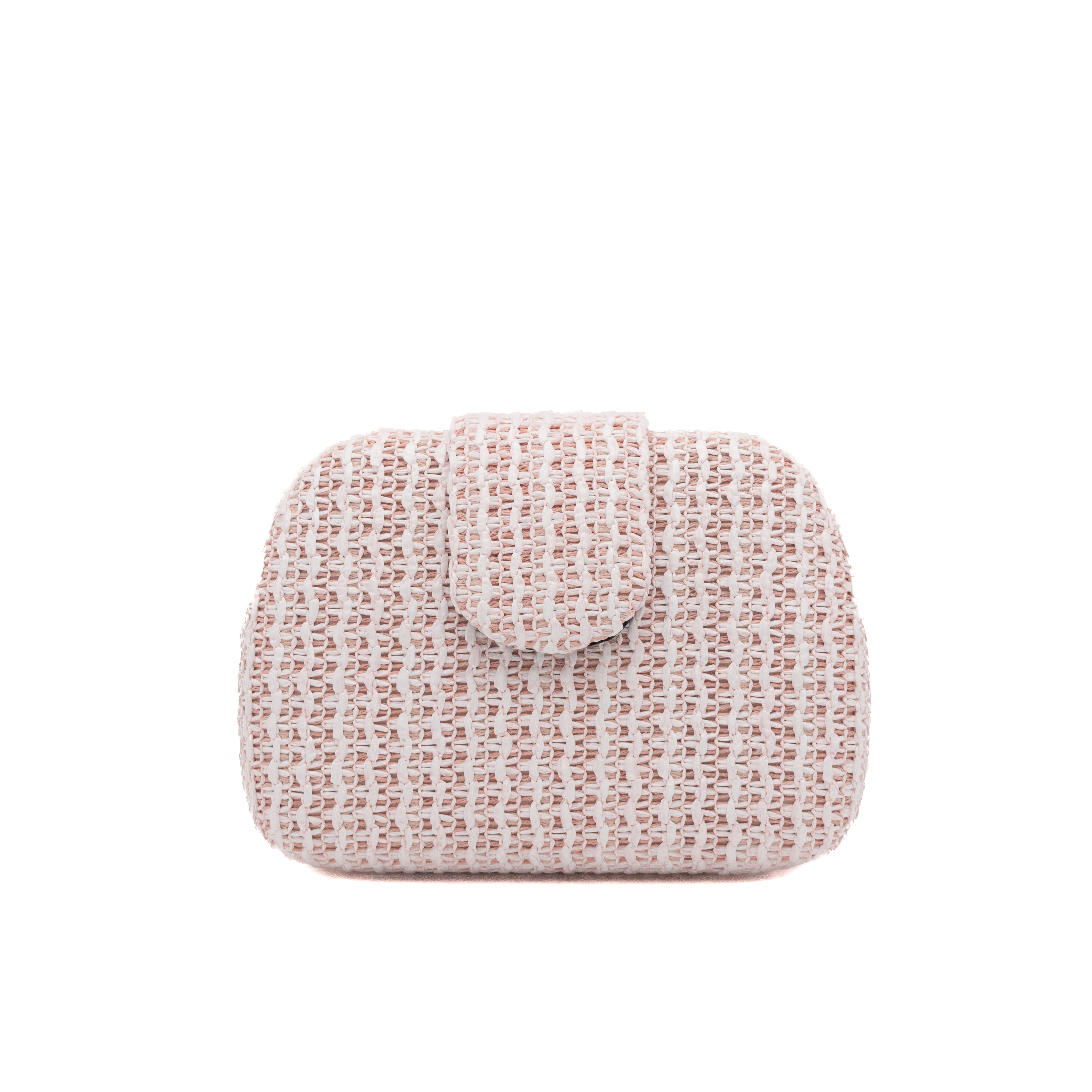 Bolso clutch rígido ovalado de rafia trenzada rosa