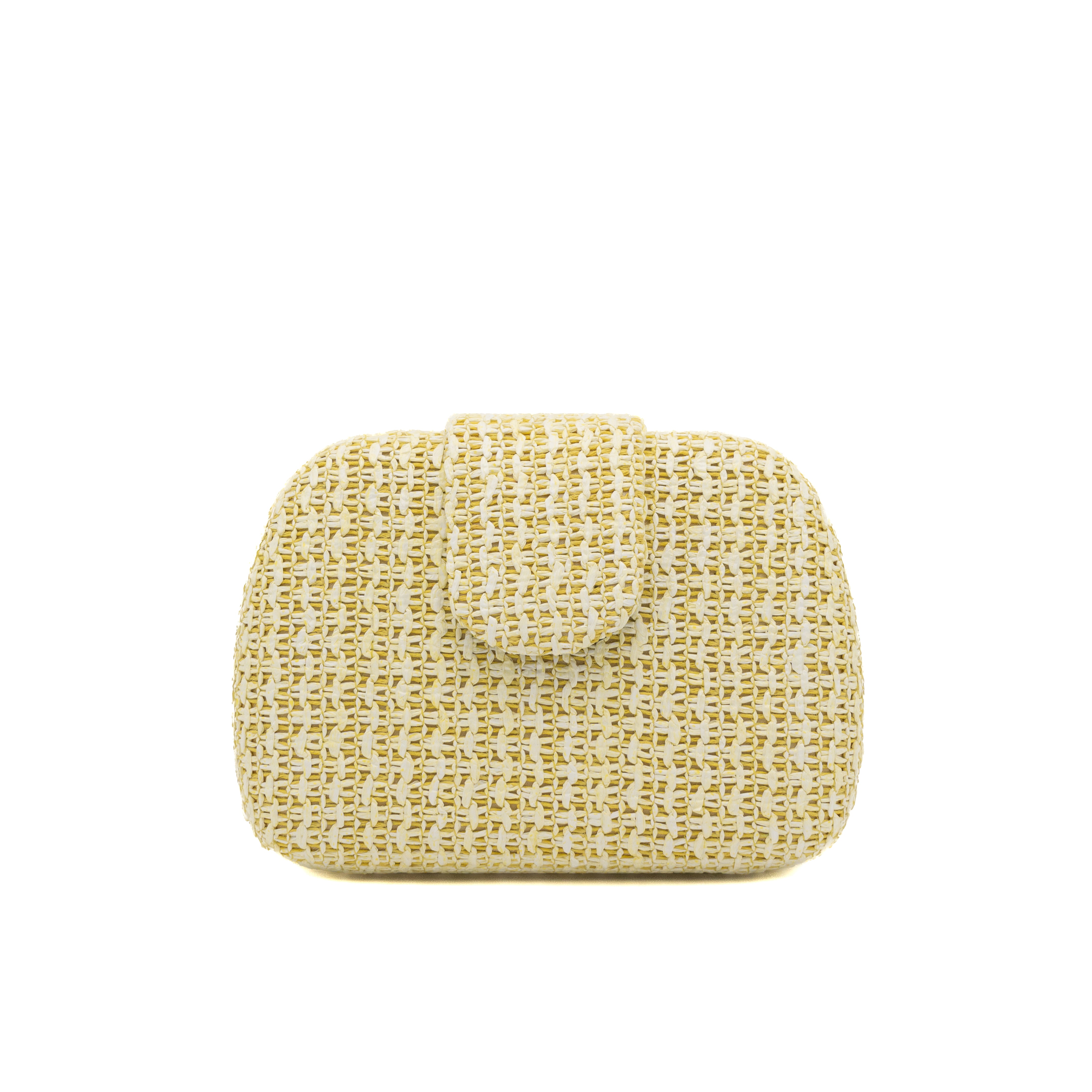 Bolso clutch rígido ovalado de rafia trenzada amarillo claro