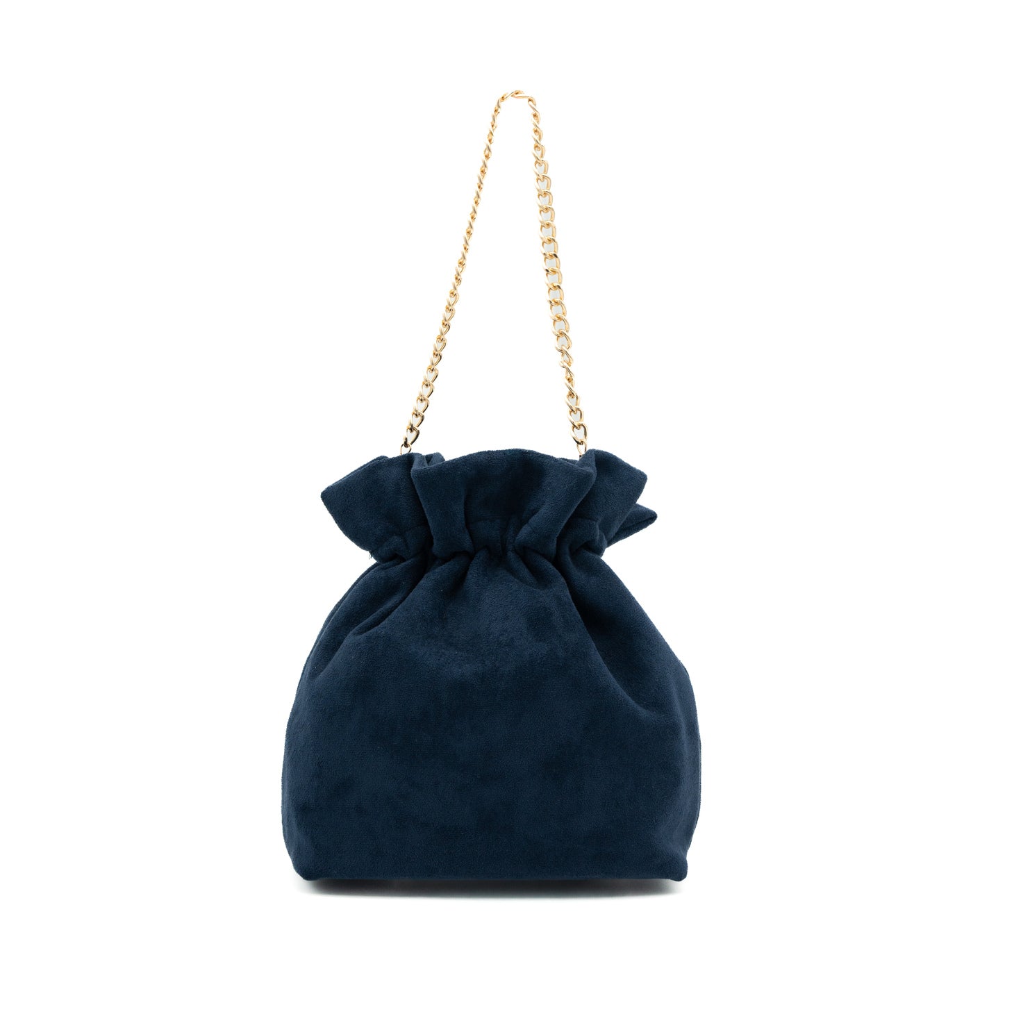 Bolso bombonera de fiesta en antelina azul marino con asa de cadena y diseño fruncido, ideal para bodas y cócteles