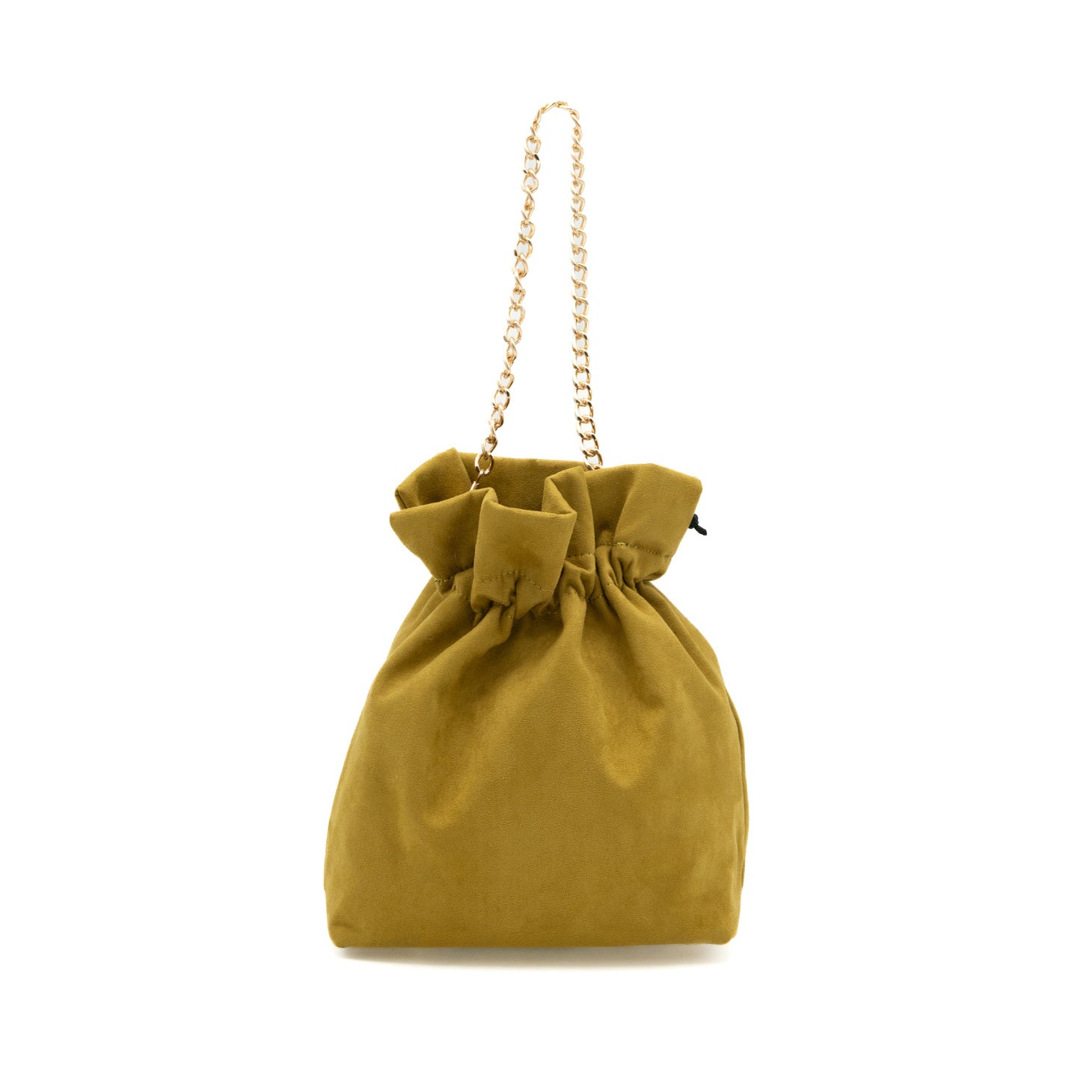 Bolso bombonera de fiesta en antelina oliva con asa de cadena y diseño fruncido, ideal para bodas y cócteles