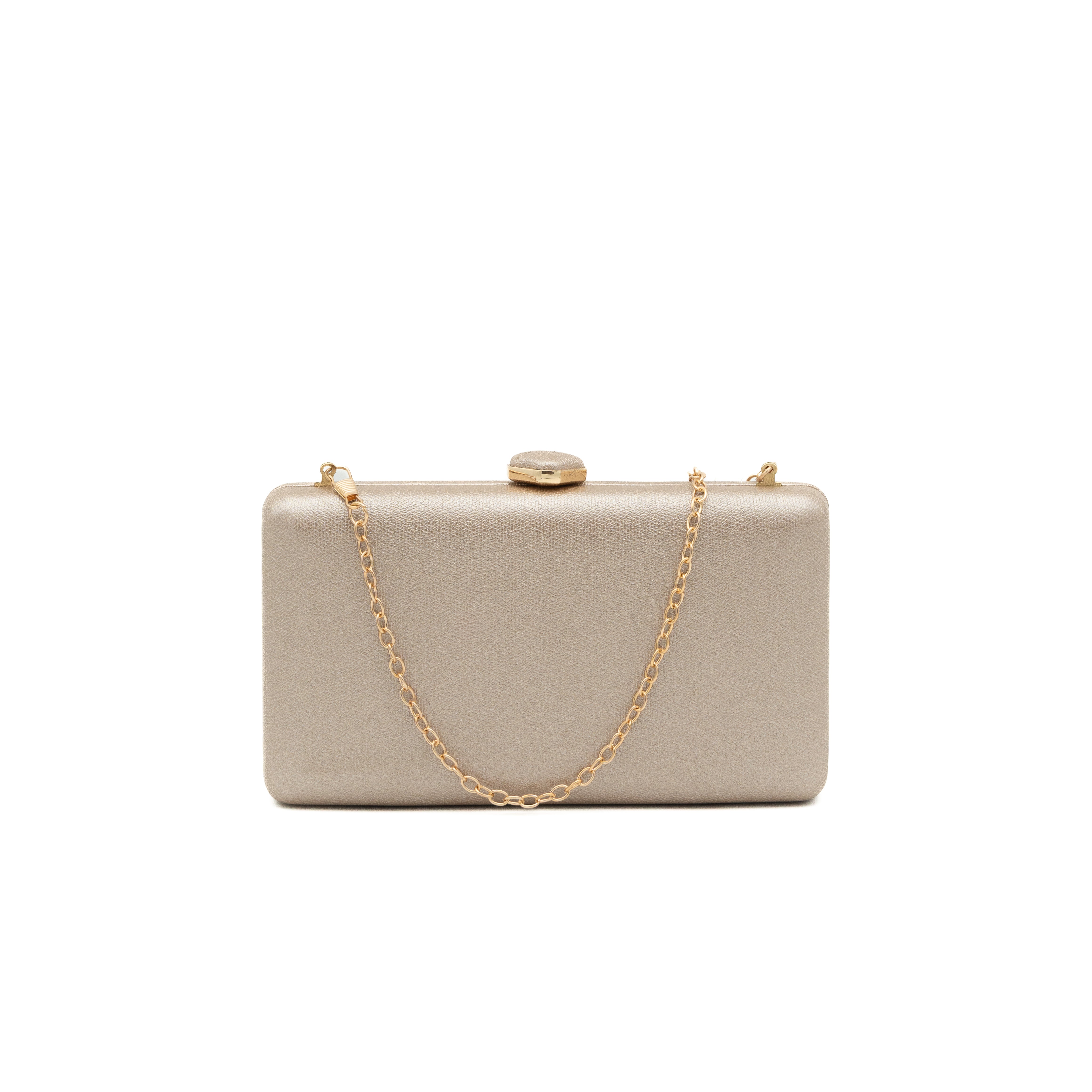 Bolso clutch de polipiel metalizado champán con cierre superior hexagonal y cadena desmontable