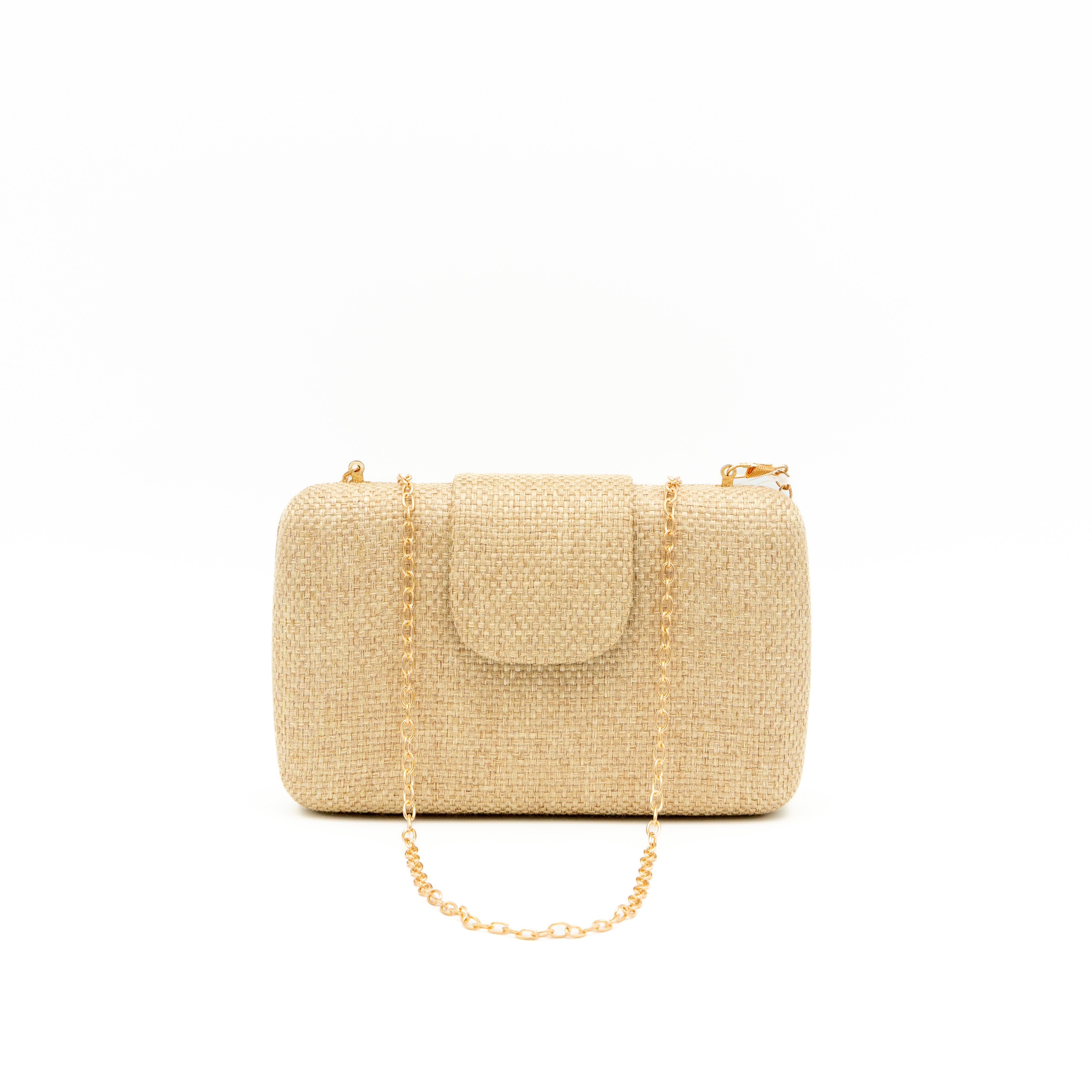 Bolso de fiesta de rafia oro con solapa y cadena metálica fina desmontable