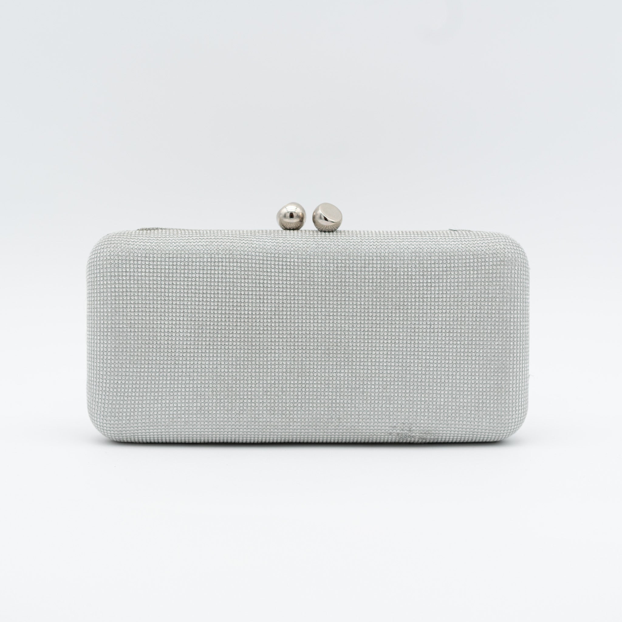 Clutch de fiesta con pedrería plateado, cierre de bola y cadena desmontable, ideal para bodas y cócteles