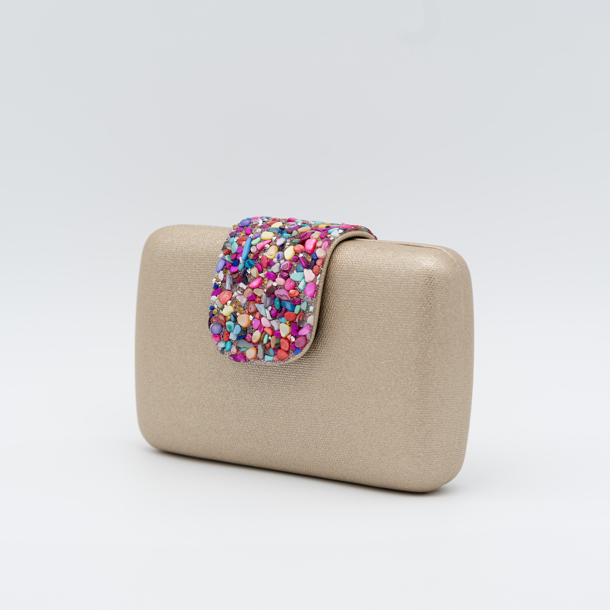 Bolso clutch de fiesta polipiel en oro con cierre de pedrería multicolor