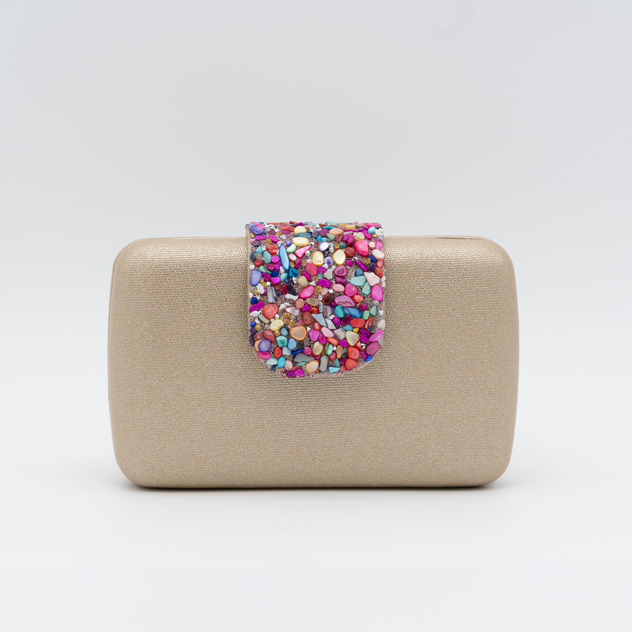 Bolso clutch de fiesta polipiel en oro con cierre de pedrería multicolor
