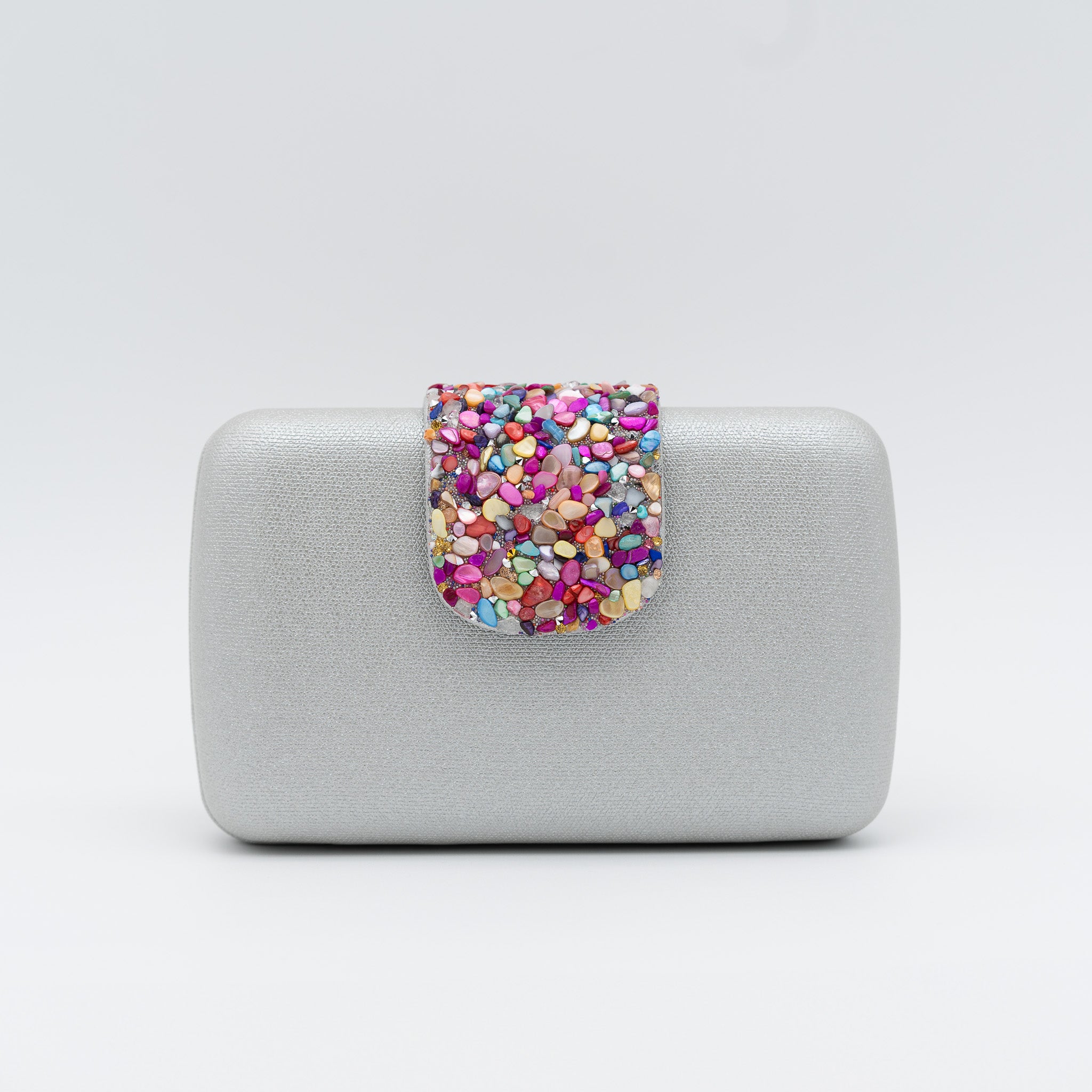 Bolso clutch de fiesta polipiel en oro con cierre de pedrería multicolor