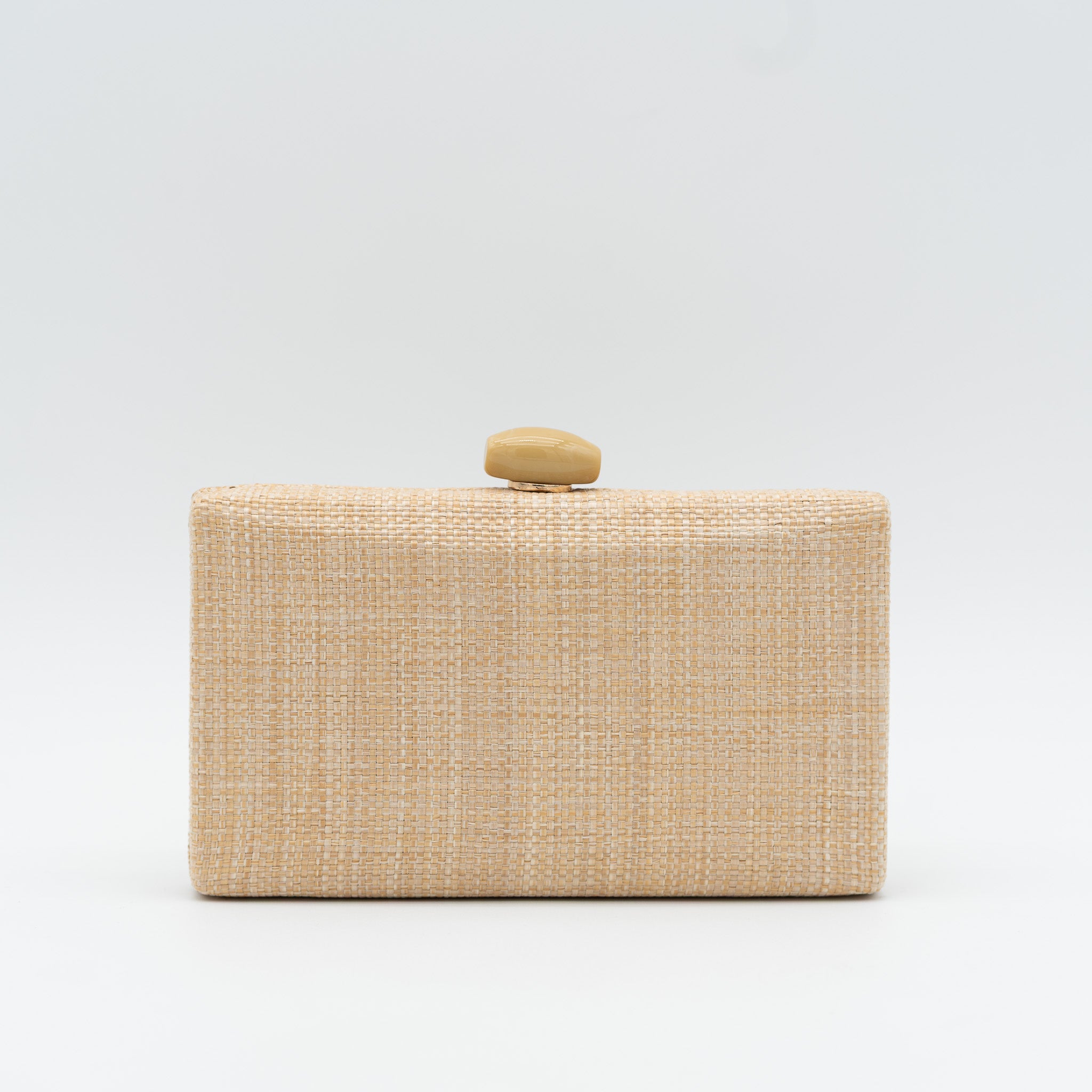 Clutch de fiesta en rafia beige con cierre con abalorio y cadena desmontable, ideal para bodas y cócteles